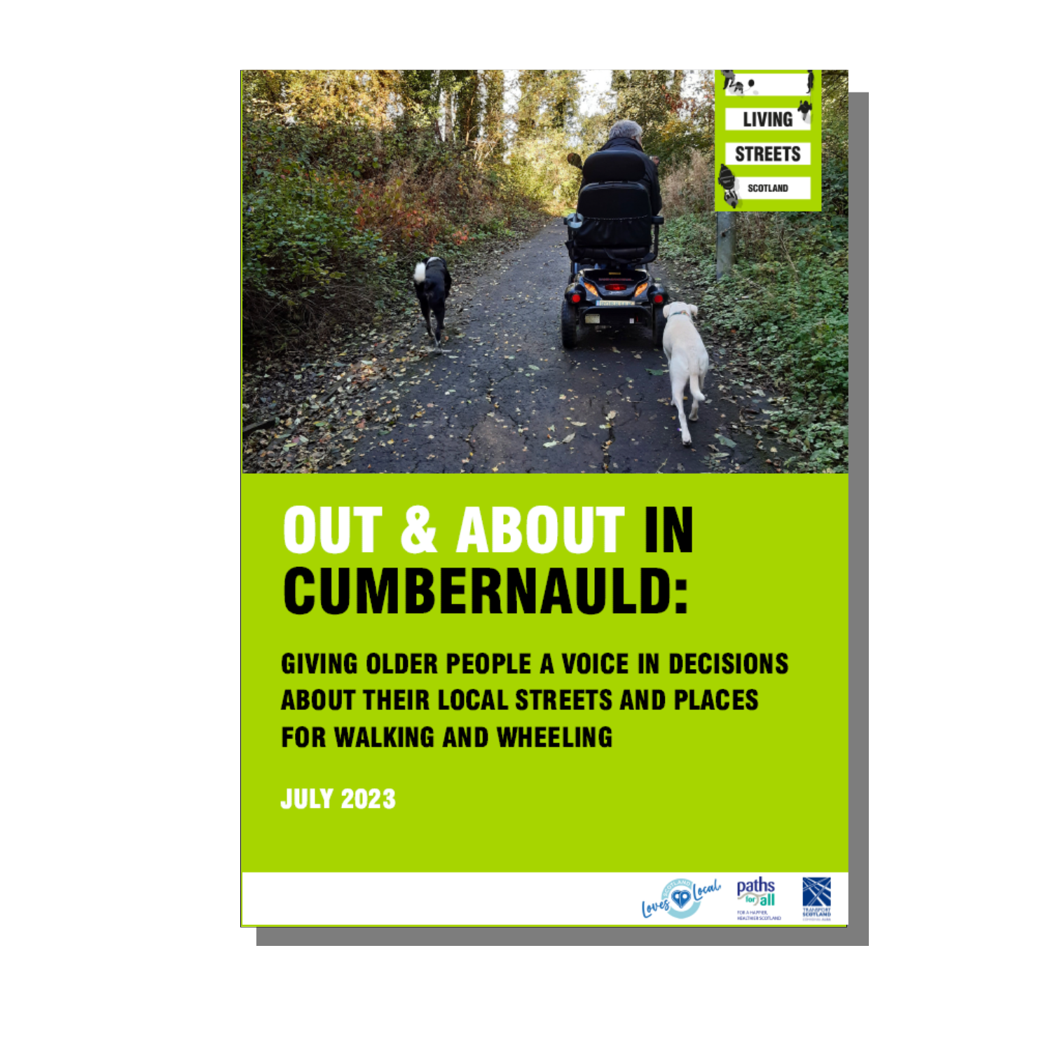 cover of report: a man on an accessibility chair with two dogs wheels along a path