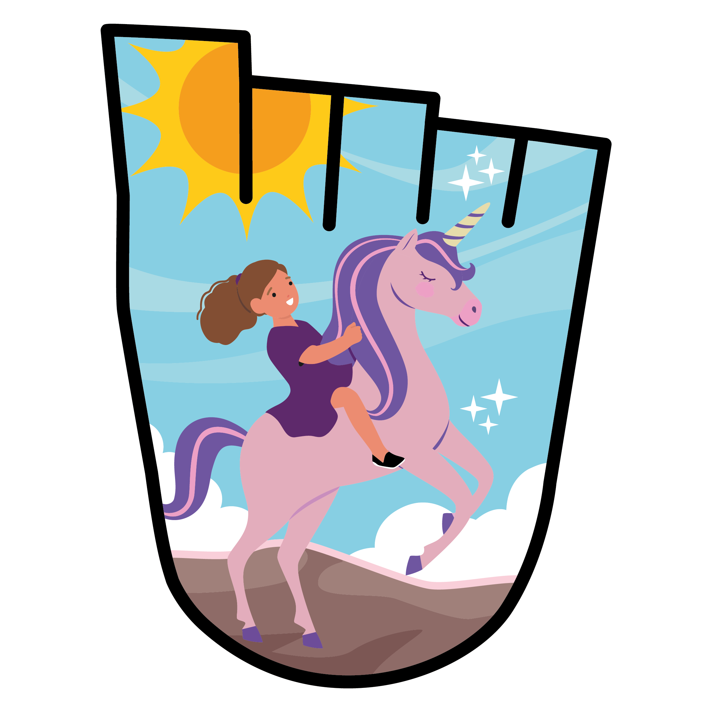 a young girl rides a pink unicorn on a sunny day
