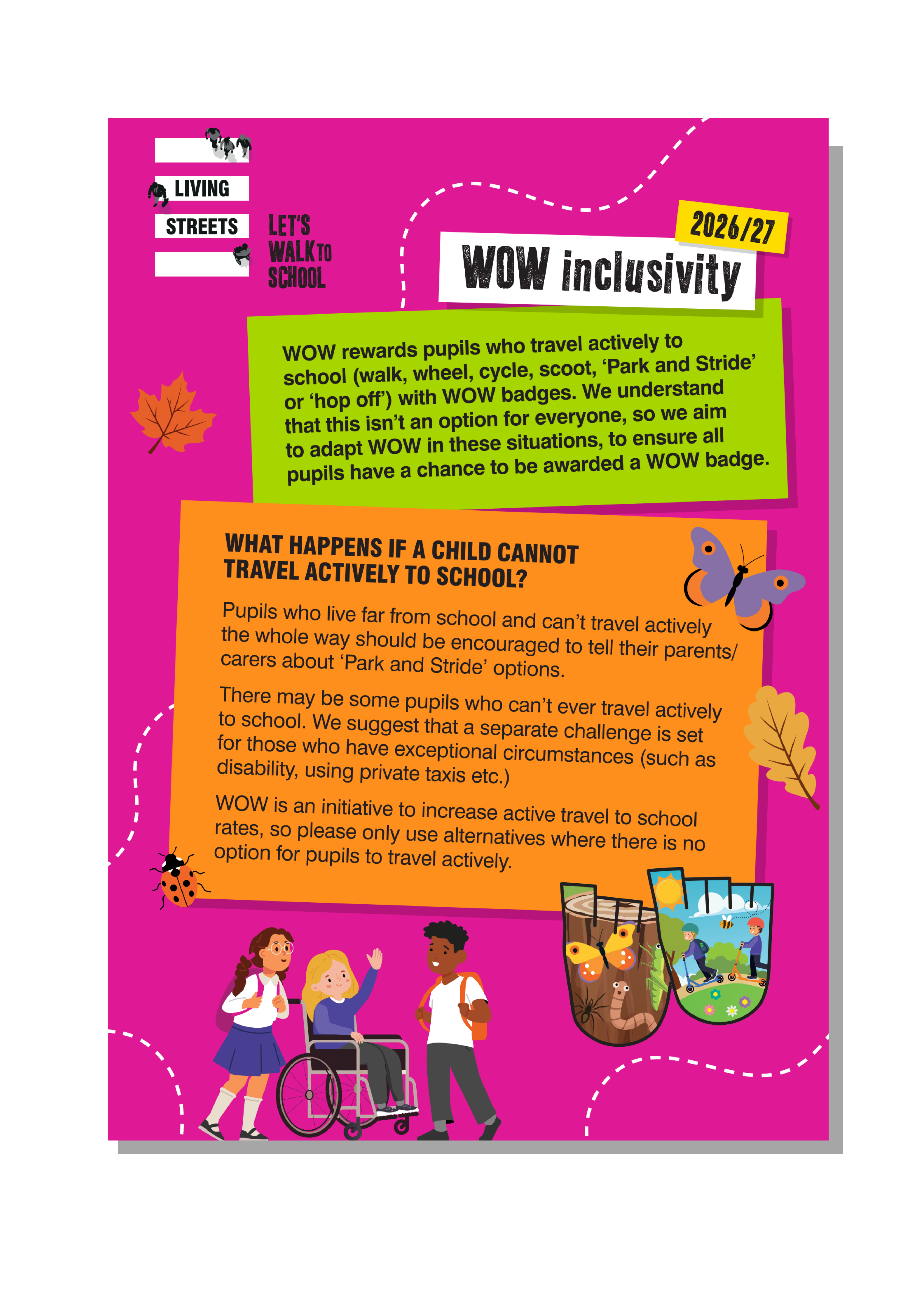 A pink poster explaining Living Streets inclusivity practices. The heading reads: '2026/27, WOW inclusivity'.