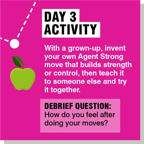 A pink background with an illustrated green apple. The prompt asks you to make a new movement and think about how you felt doing it.