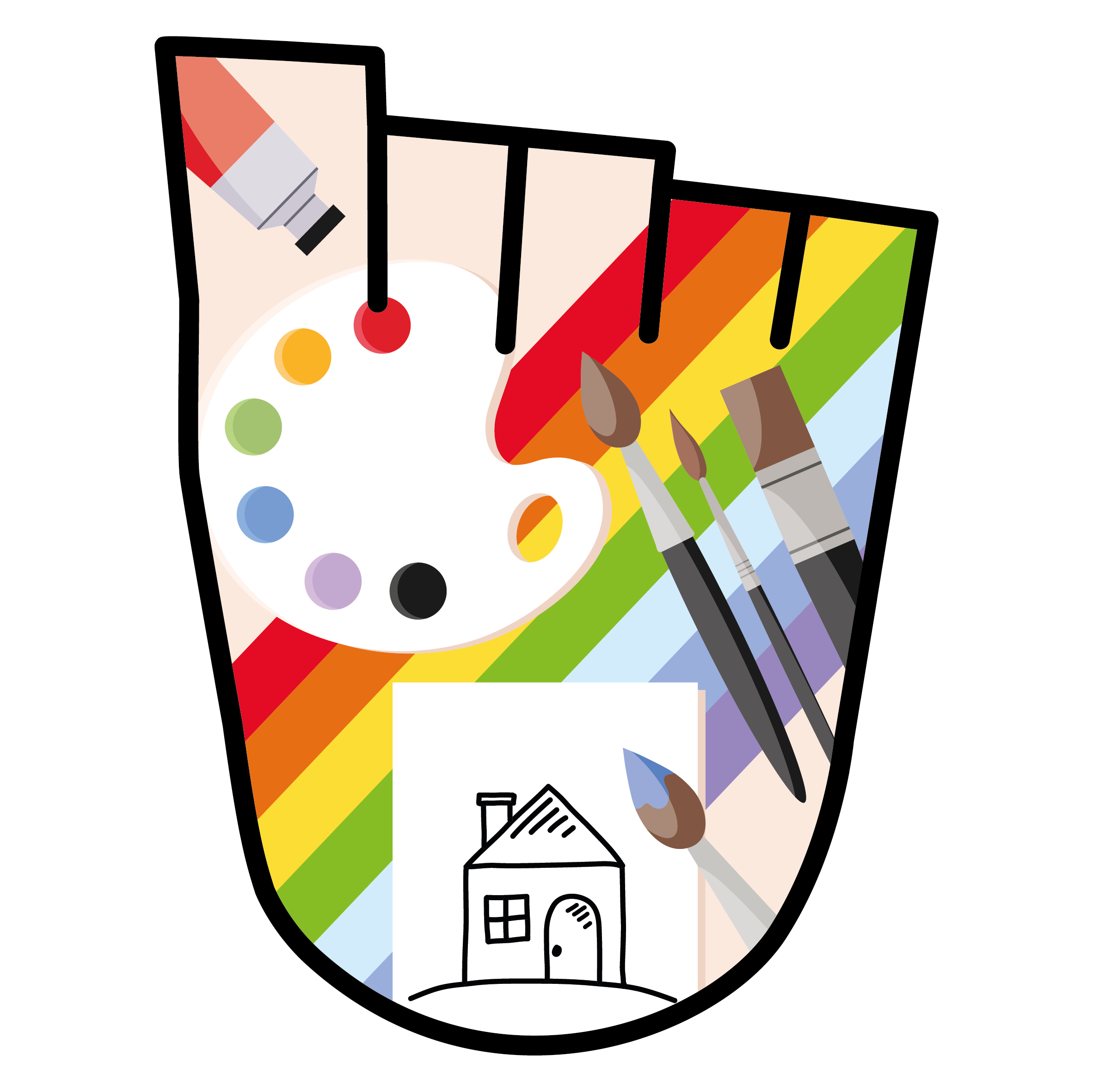 A WOW Badge featuring a drawing of a house, with paintbrushes and paints.