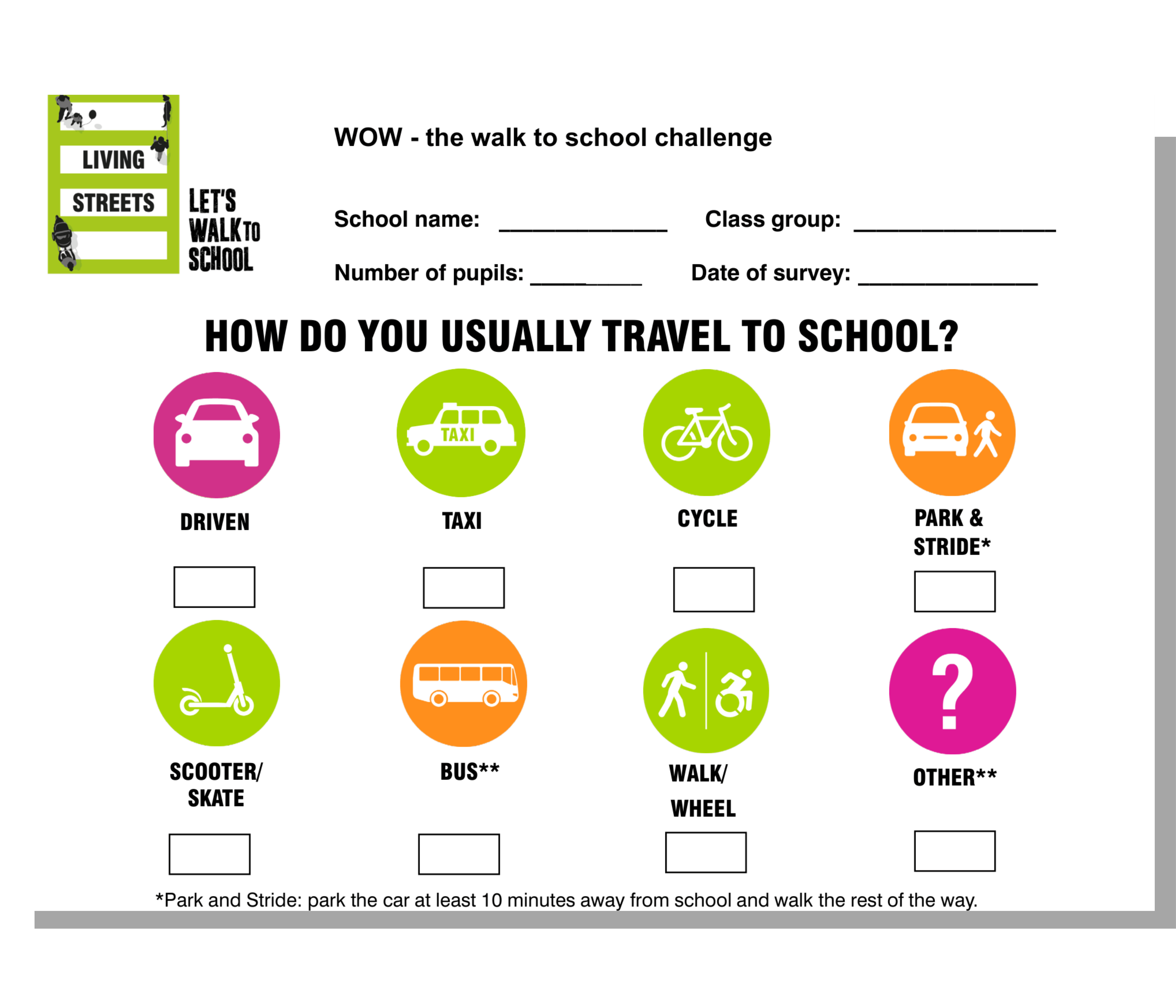 A white form with coloured logos of cars, taxis, cycles, scooters, buses, and walking. Boxes are below each logo to indicate how pupil's travelled to school.