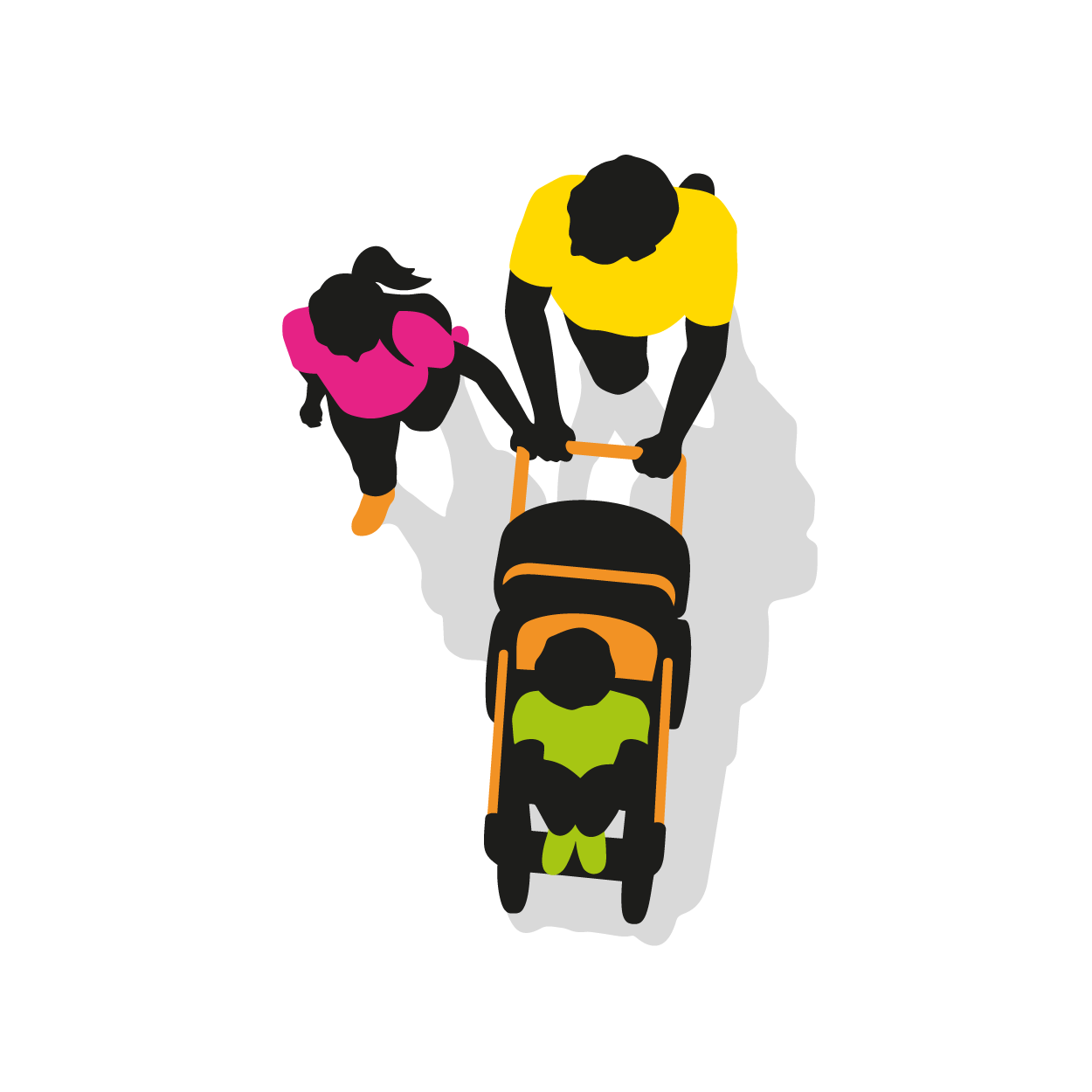 Graphic of a person pushing a buggy with a small child inside and a little girl walking along the side