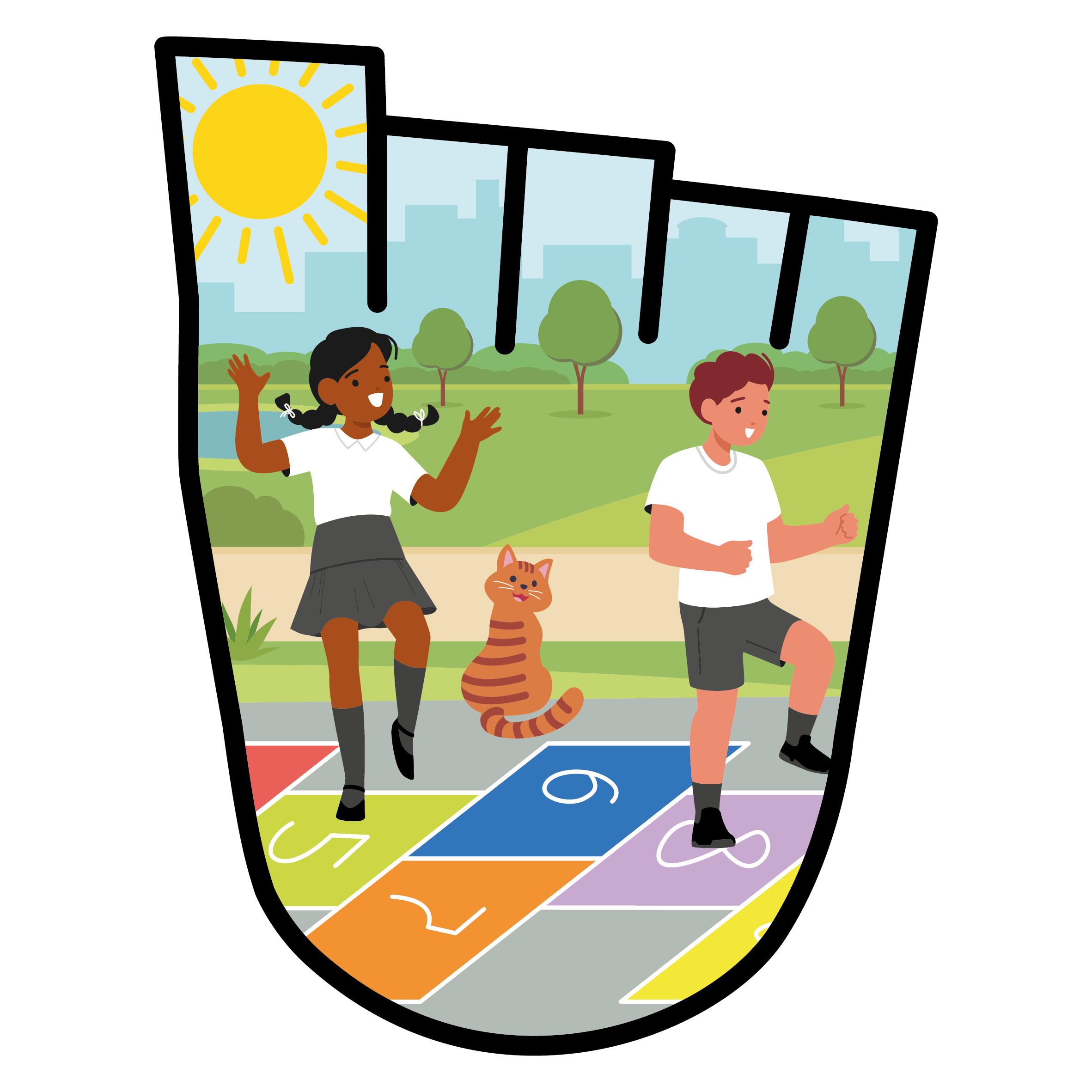 two children play hopscotch as a tabby cat watches