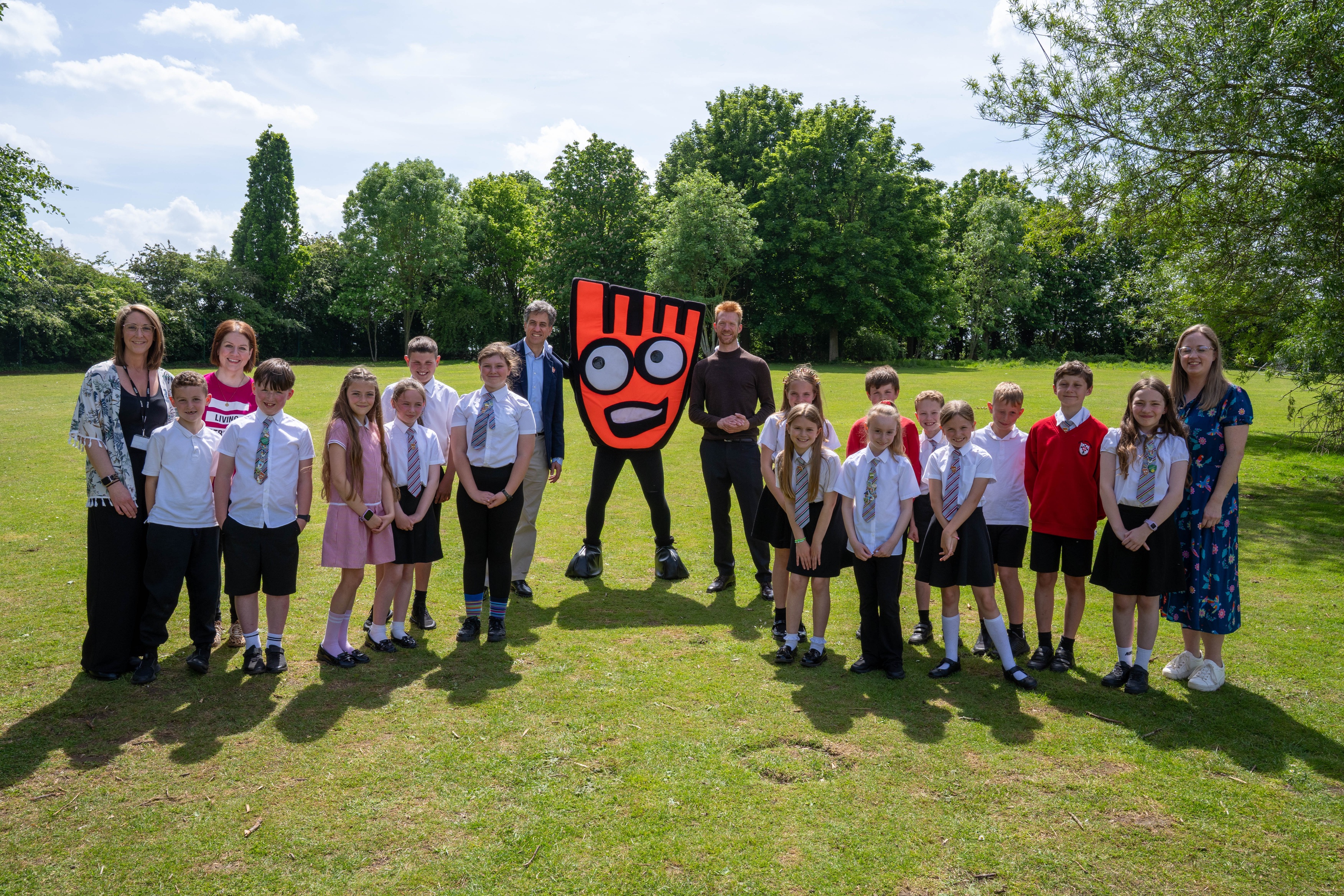 Strider - the Living Streets' mascot with Copley Junior pupils