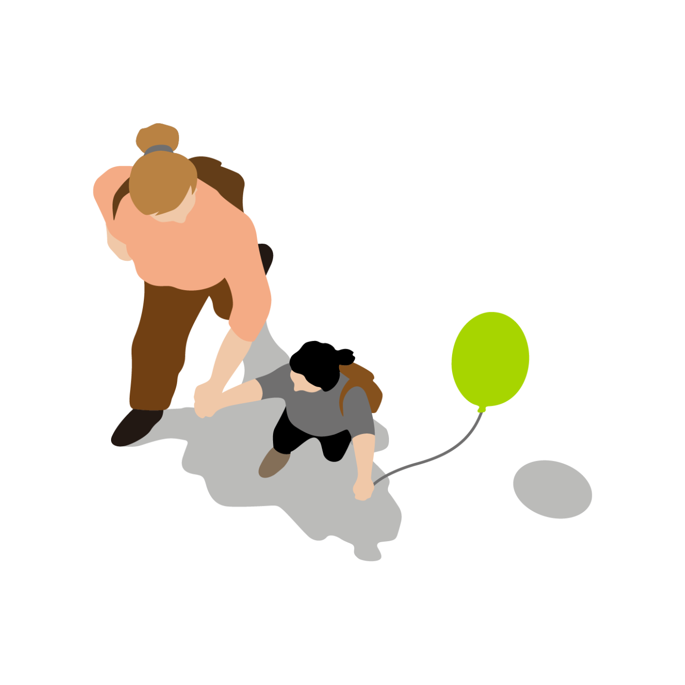 a woman walking, holding hands with a child who is holding a green balloon
