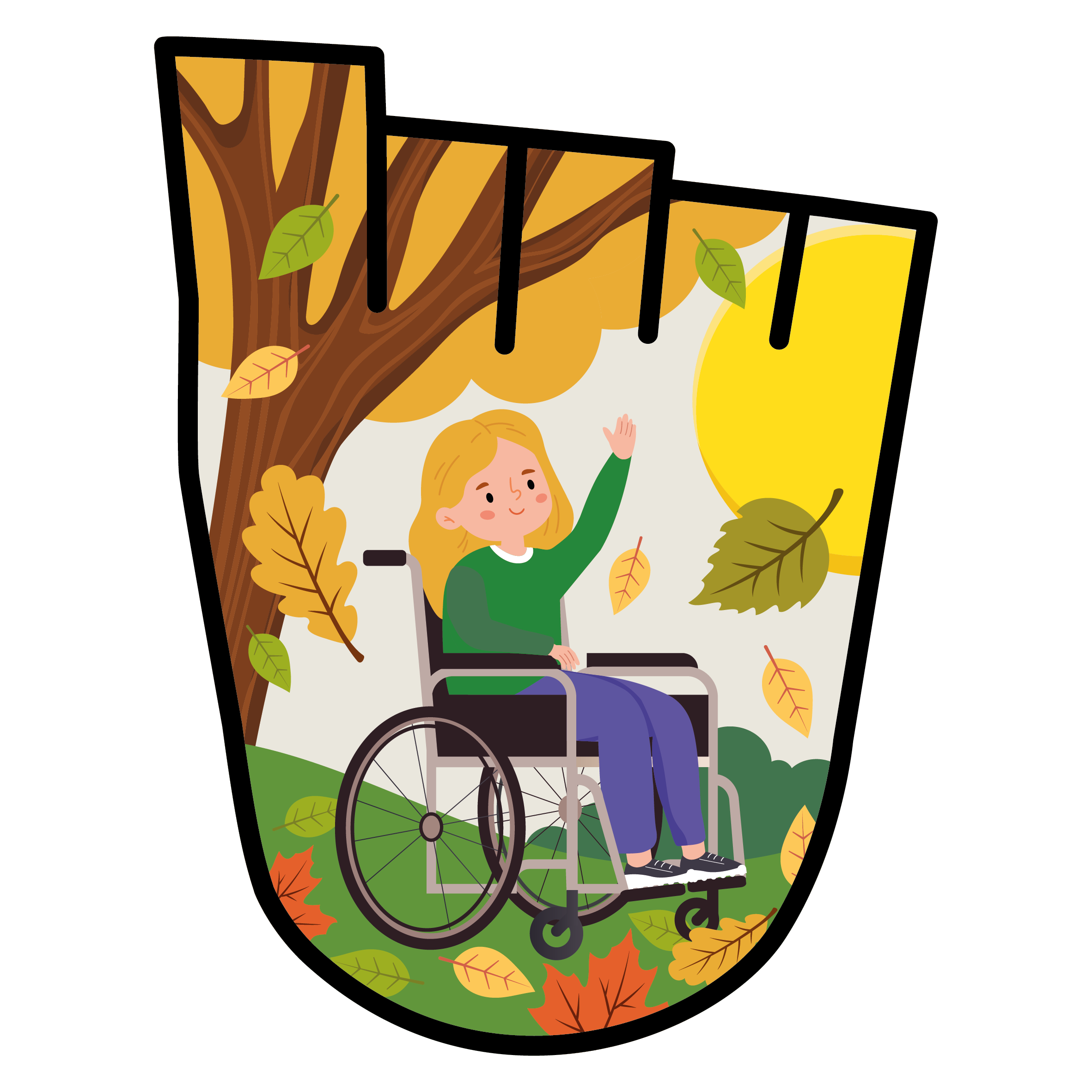 WOW Badge featuring a blonde girl in a wheelchair touching the falling leaves