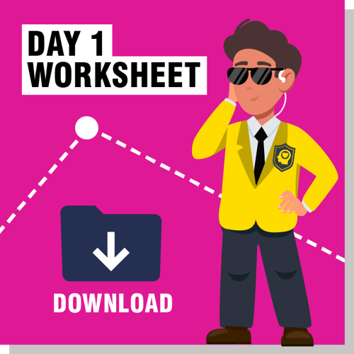 A cartoon boy with a yellow jacket against a pink background. There is also a blue file icon with a download prompt below it.