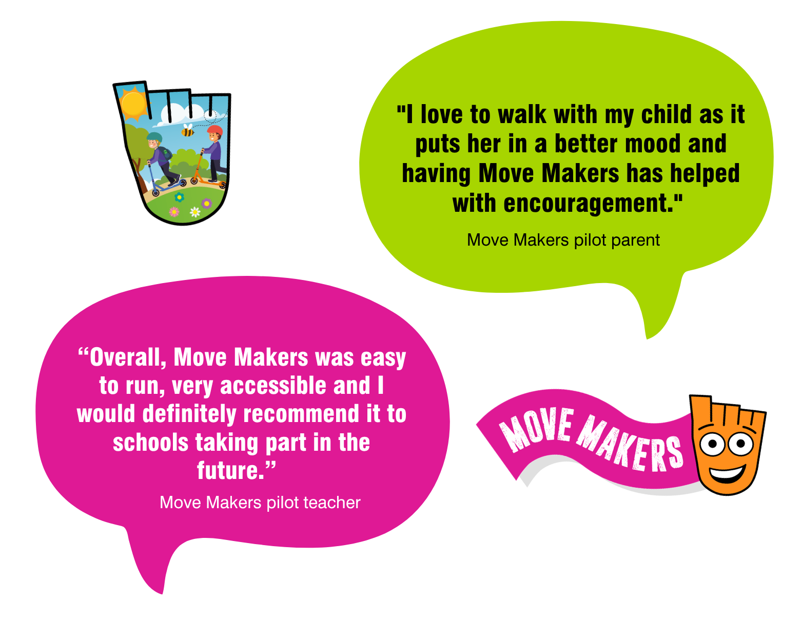 Two speech bubbles, one pink one green, with quotes from Move Makers pilot teachers and parents. There is also a Living Streets badge, and a Strider badge.