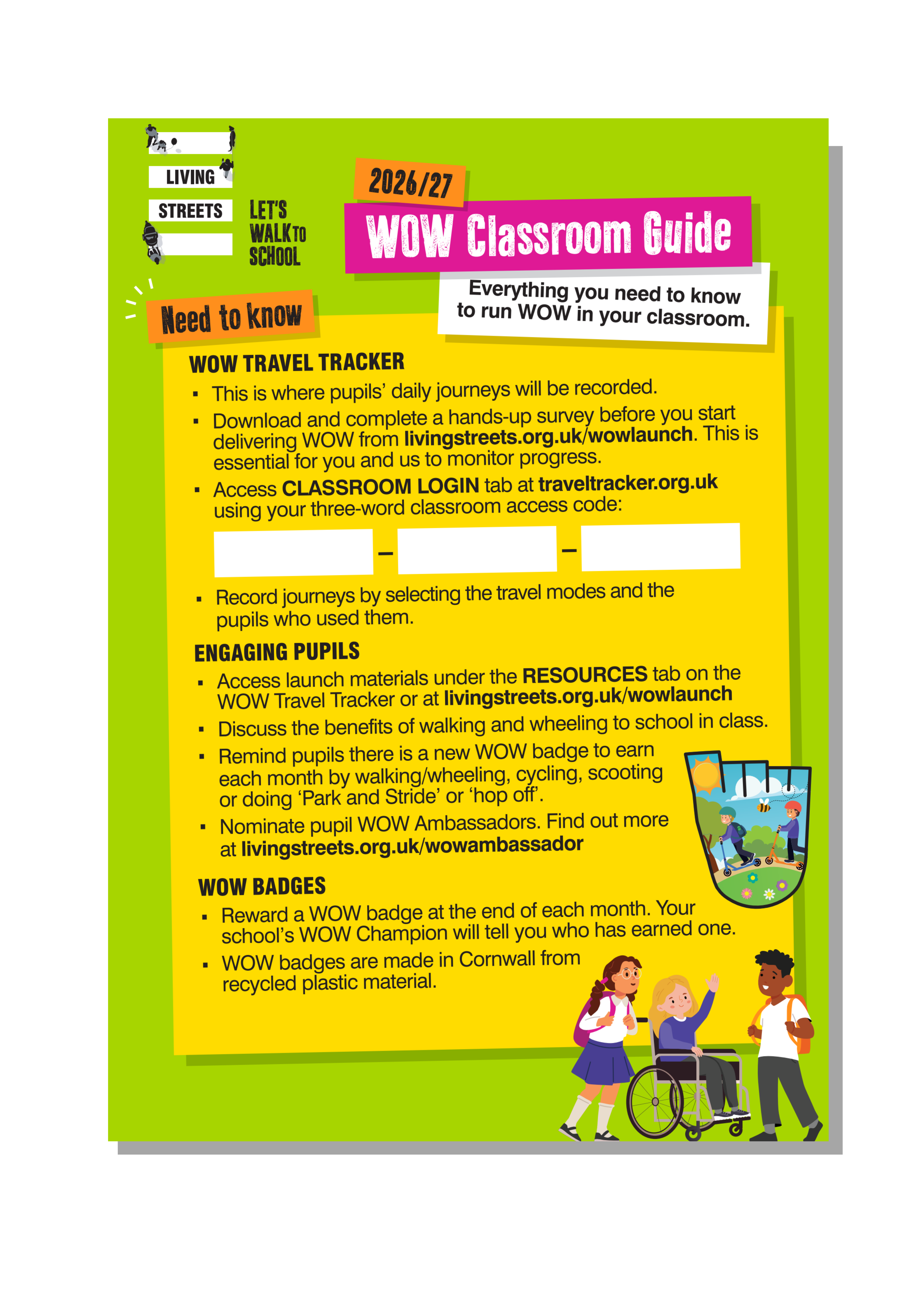 Green poster, the heading reads 'WOW Classroom Guide 26/27'