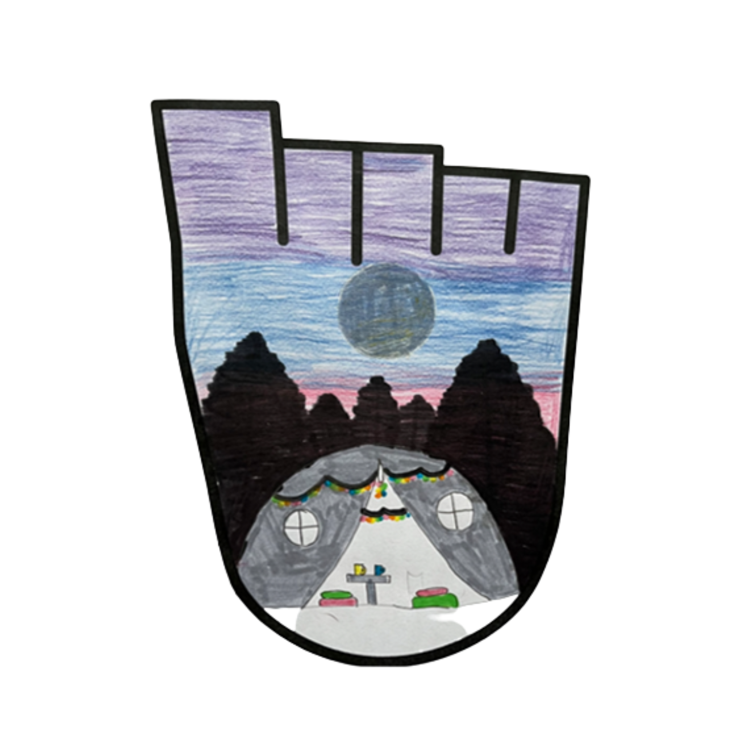A CHILD'S DRAWING OF A CAMPSITE AT SUNSET
