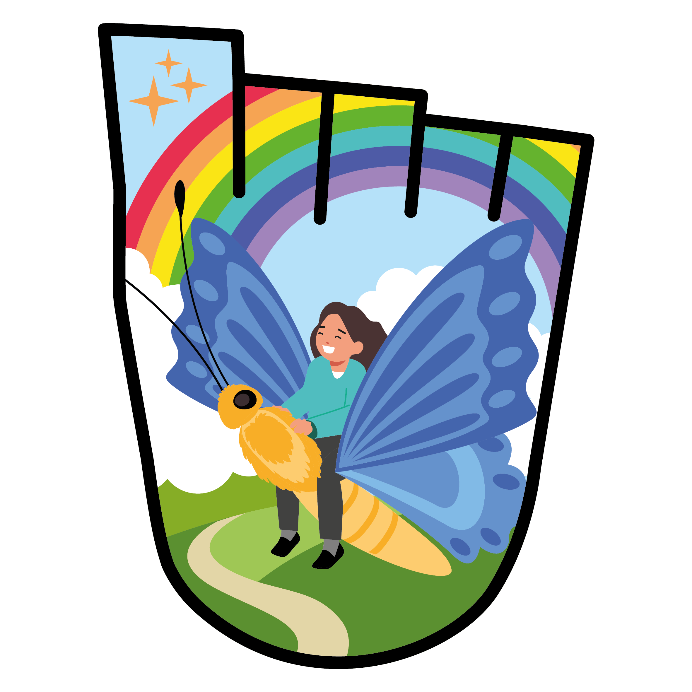 a little girl rides a butterfly with a rainbow behind her
