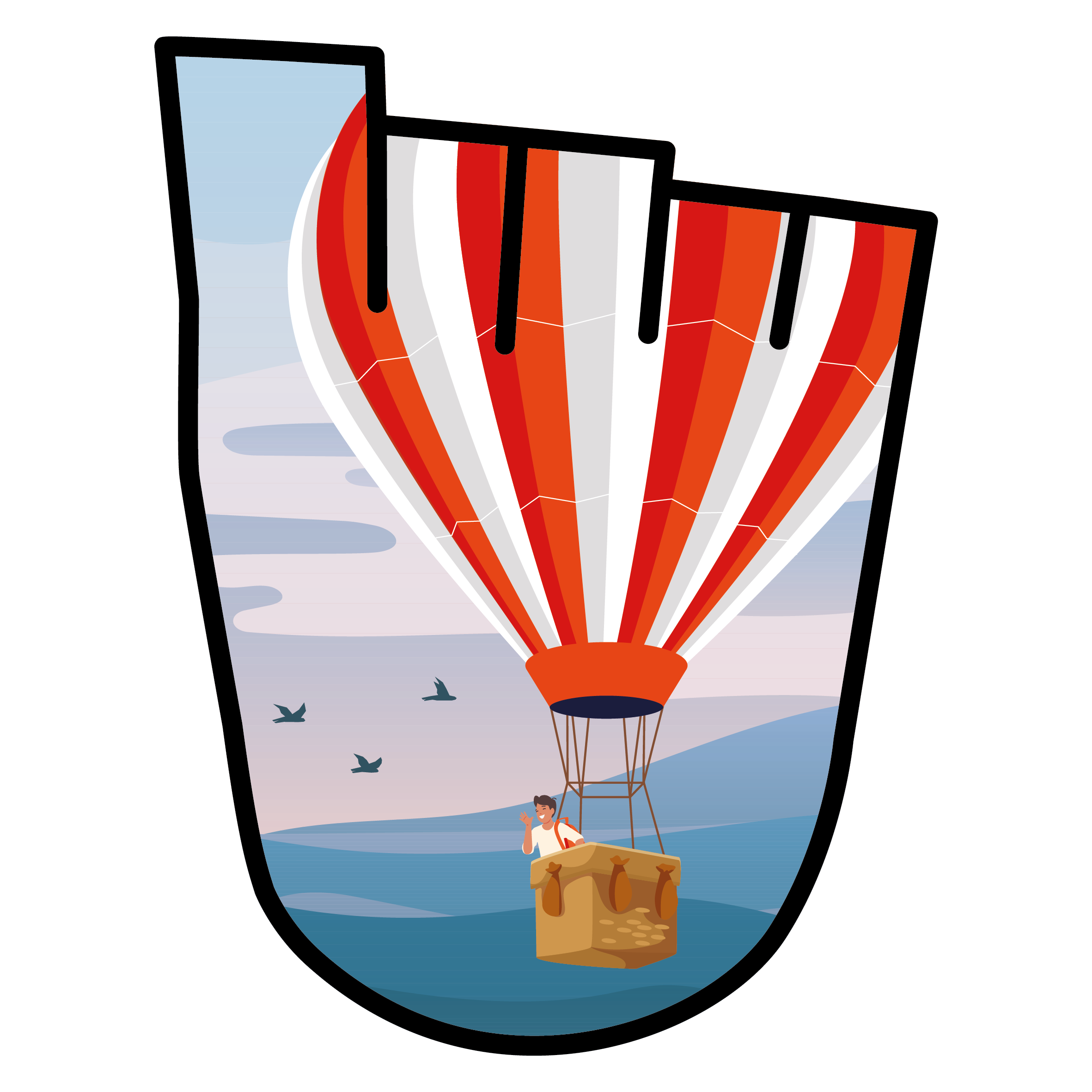 a young boy stands inside a hot air balloon basket as he flies through the sky
