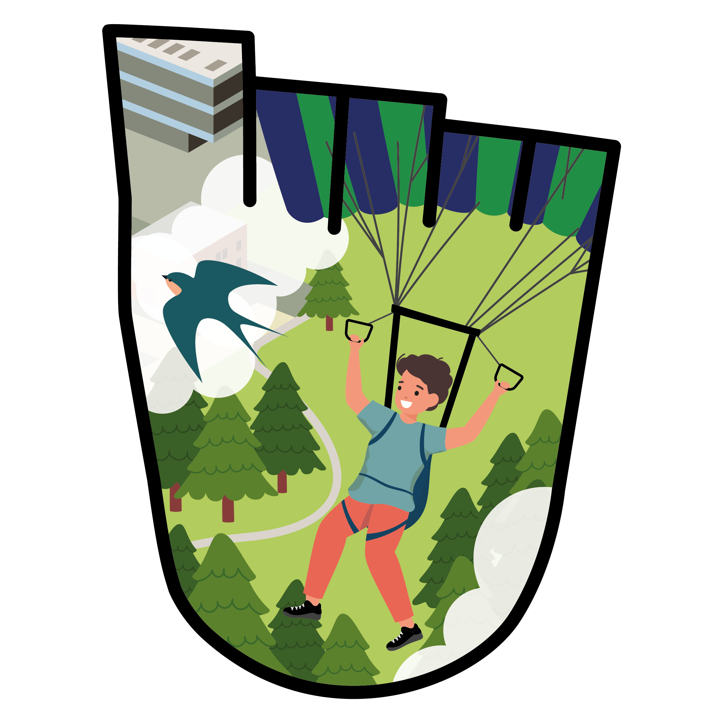 a young boy parachutes through the sky