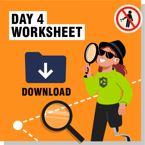 An orange background with an illustrated girl looking through a magnifying glass. There is also a blue file icon with the word Download below it