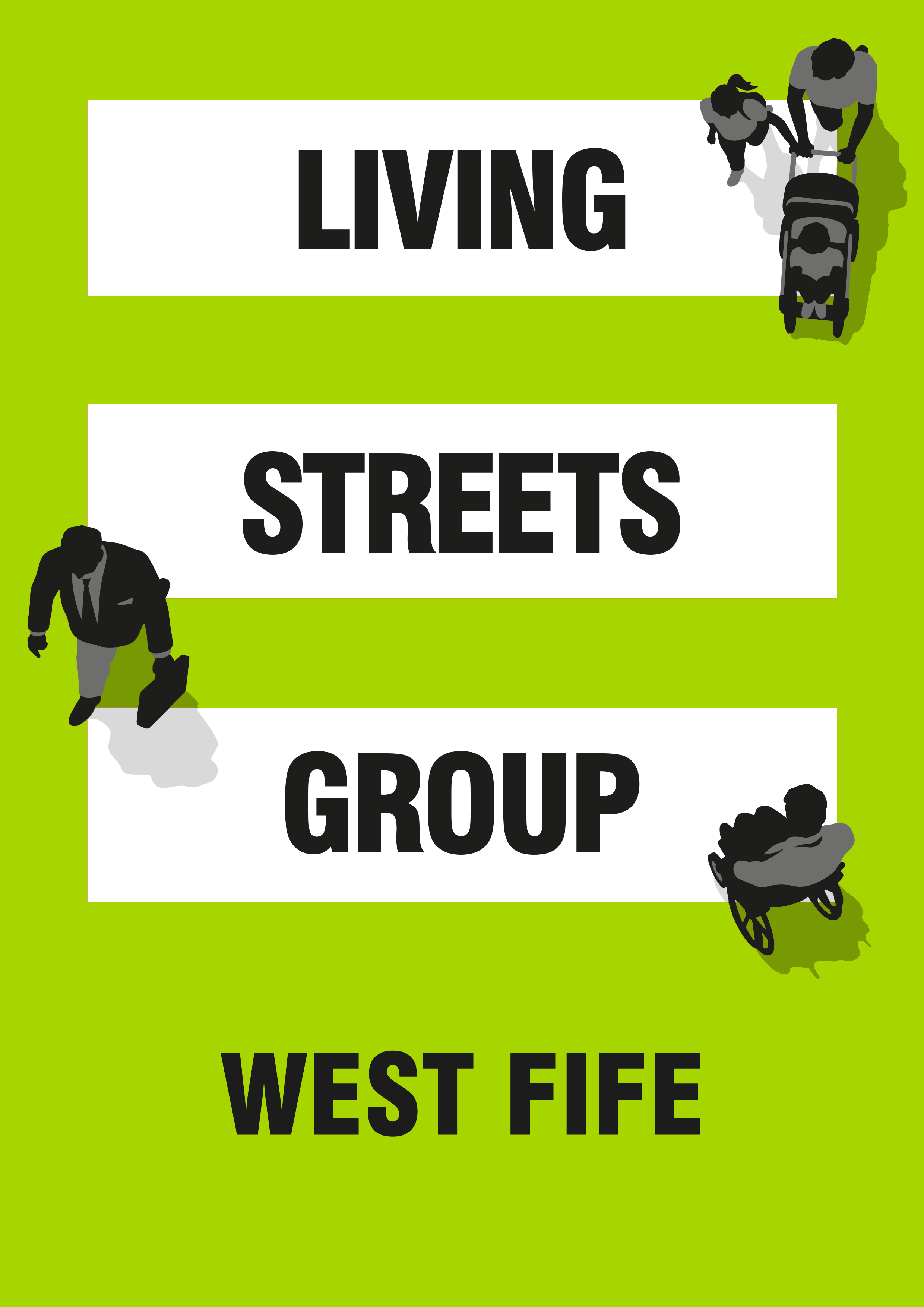 An orange background with a white zebra crossing on top. Graphic illustrations of people in grayscale are around the sides of the image. Text in the middle reads 'Living Streets Group West Fife'
