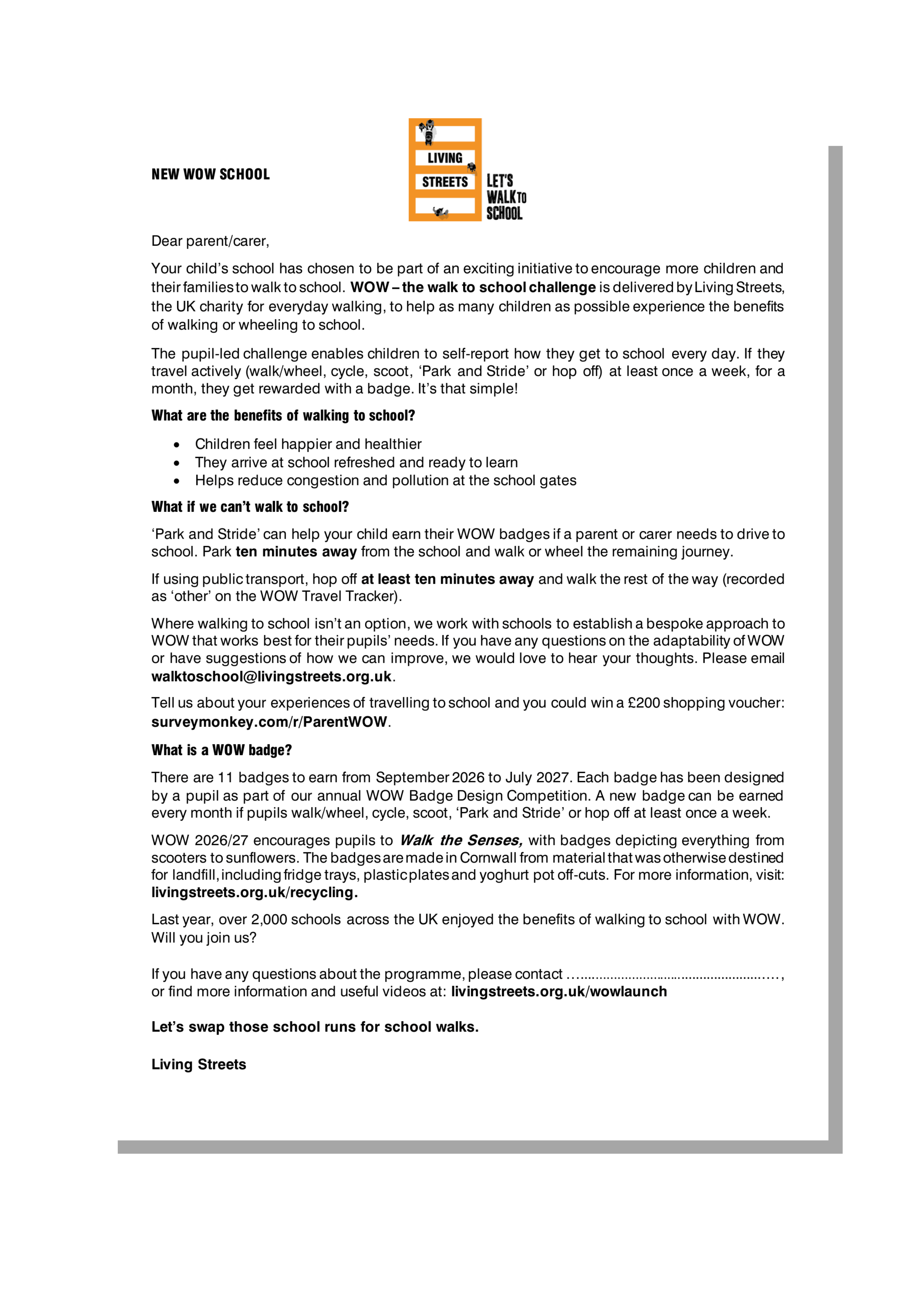 A letter for parents of WOW pupils explaining how it works.