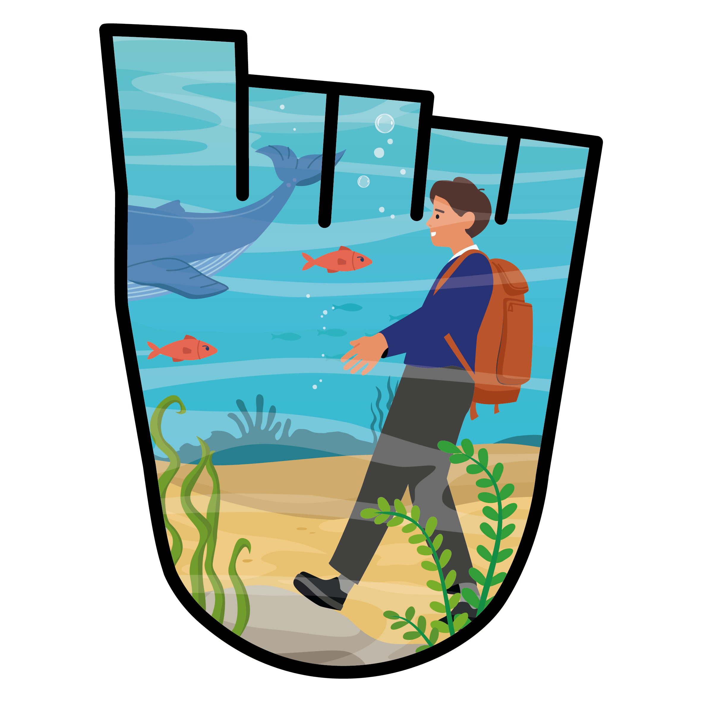 a school boy walks under the sea surrounded by sea creatures