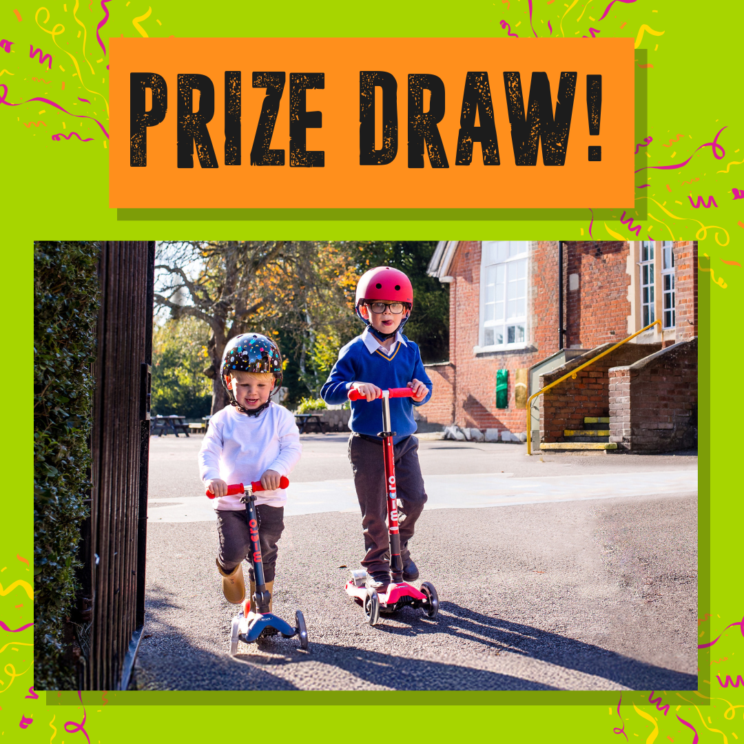 An image reads 'Prize draw' with two children scooting on it