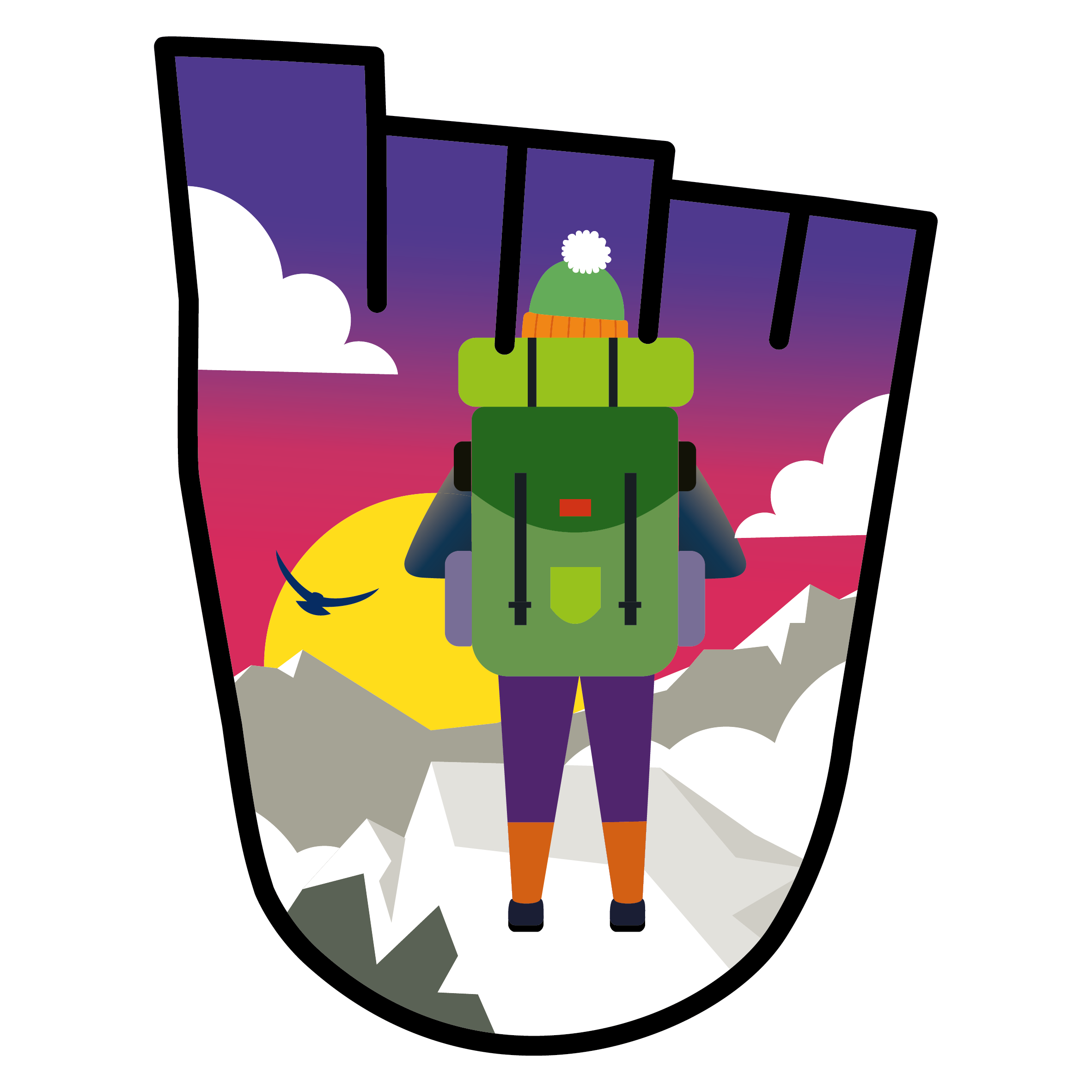 A WOW Badge featuring a mountain climber at the top of a mountain.