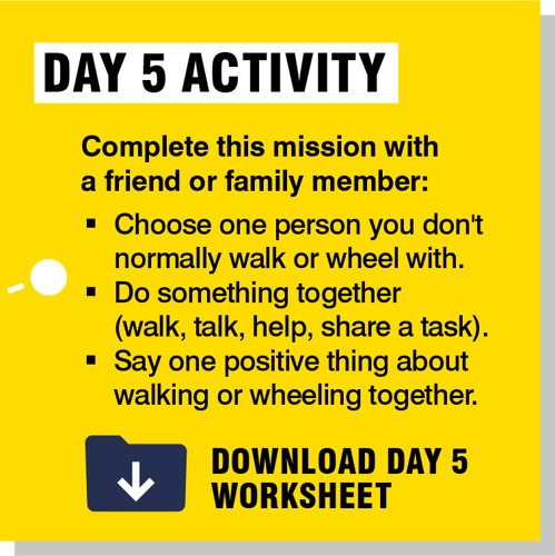 A yellow background with three bullet points asking you to go on a walk with someone new, do something together and say one positive thing about each other.