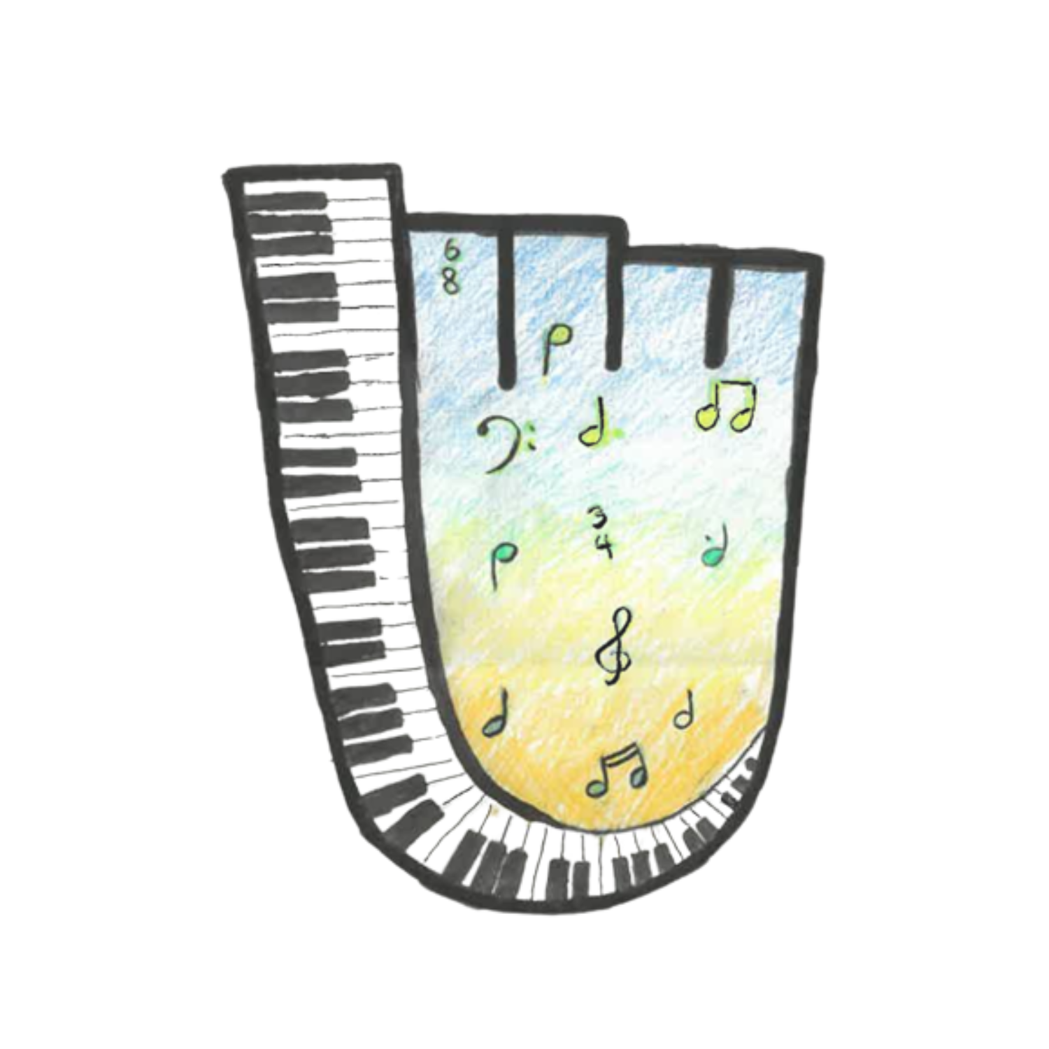 A child's drawing of a piano on a badge