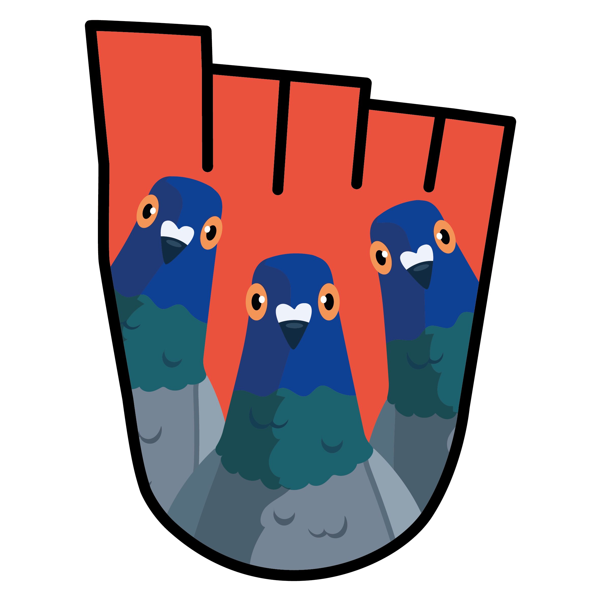 WOW Badge featuring three forward-facing pigeons on a red background