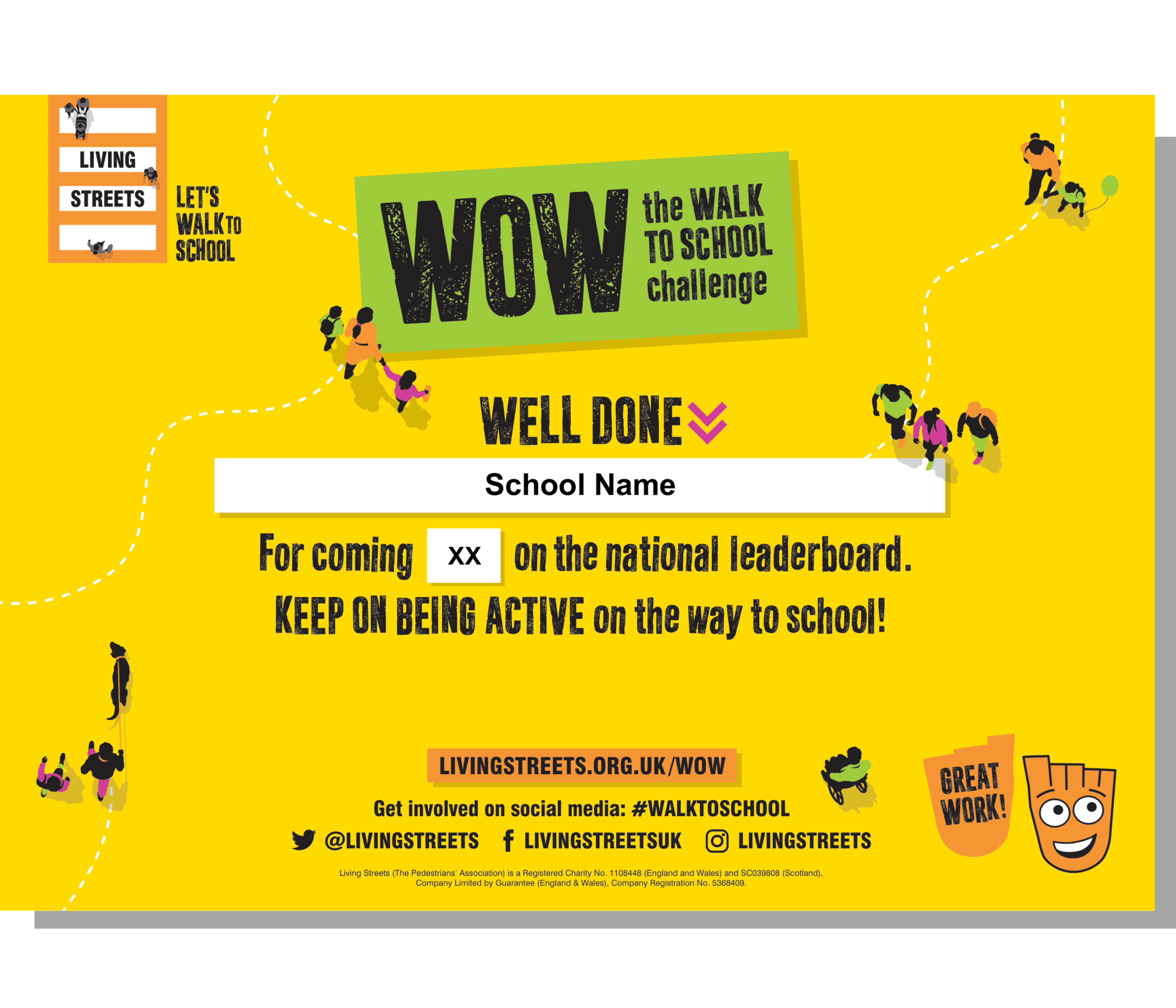 A yellow WOW certificate for placing on the national leaderboard. There is an orange strider in the corner, with people walking across the page.
