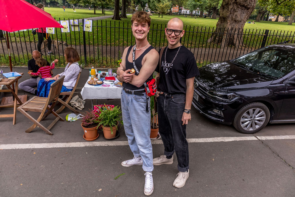 Two people in a parklet