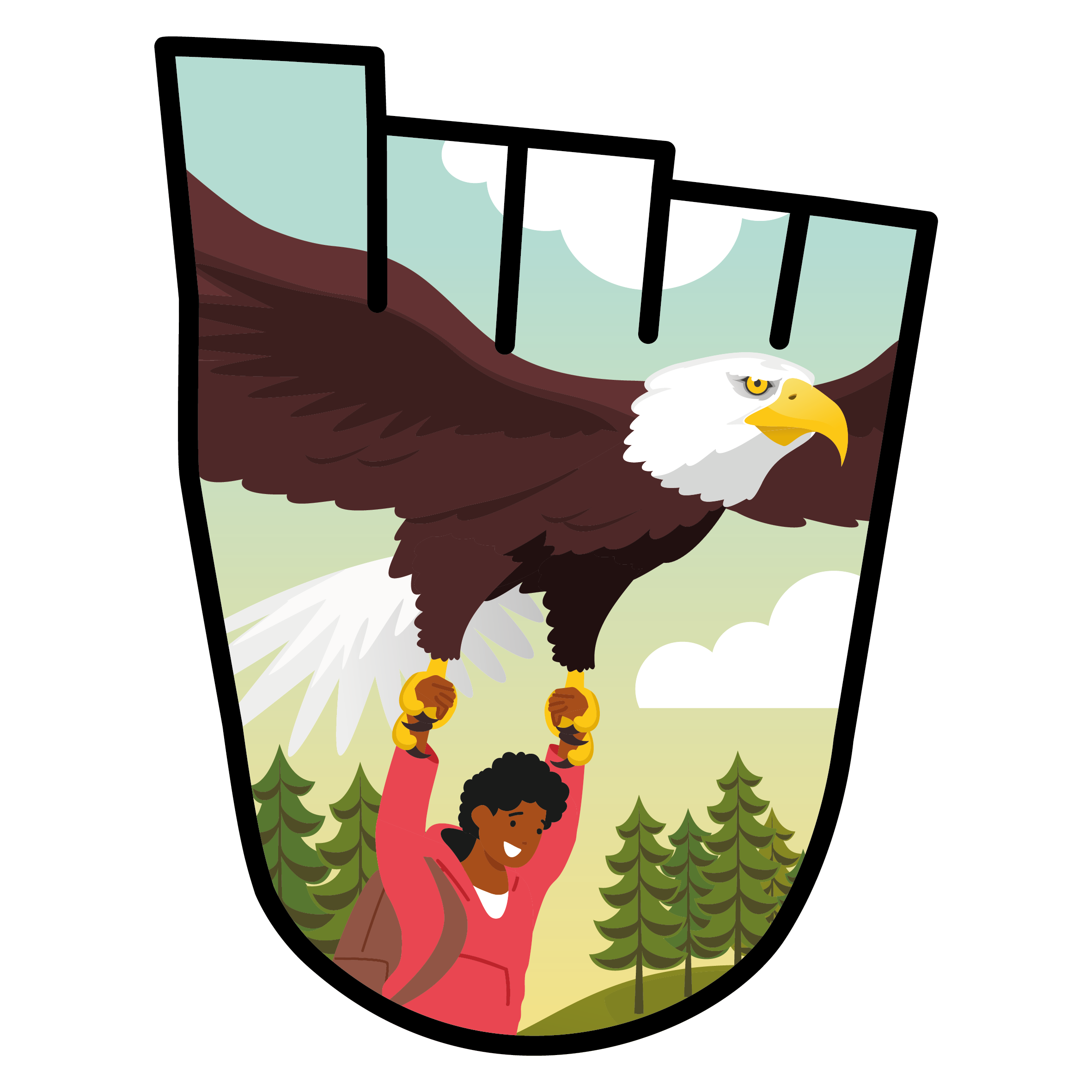 a young boy hold on to the feet on an eagle as they fly over tree tops