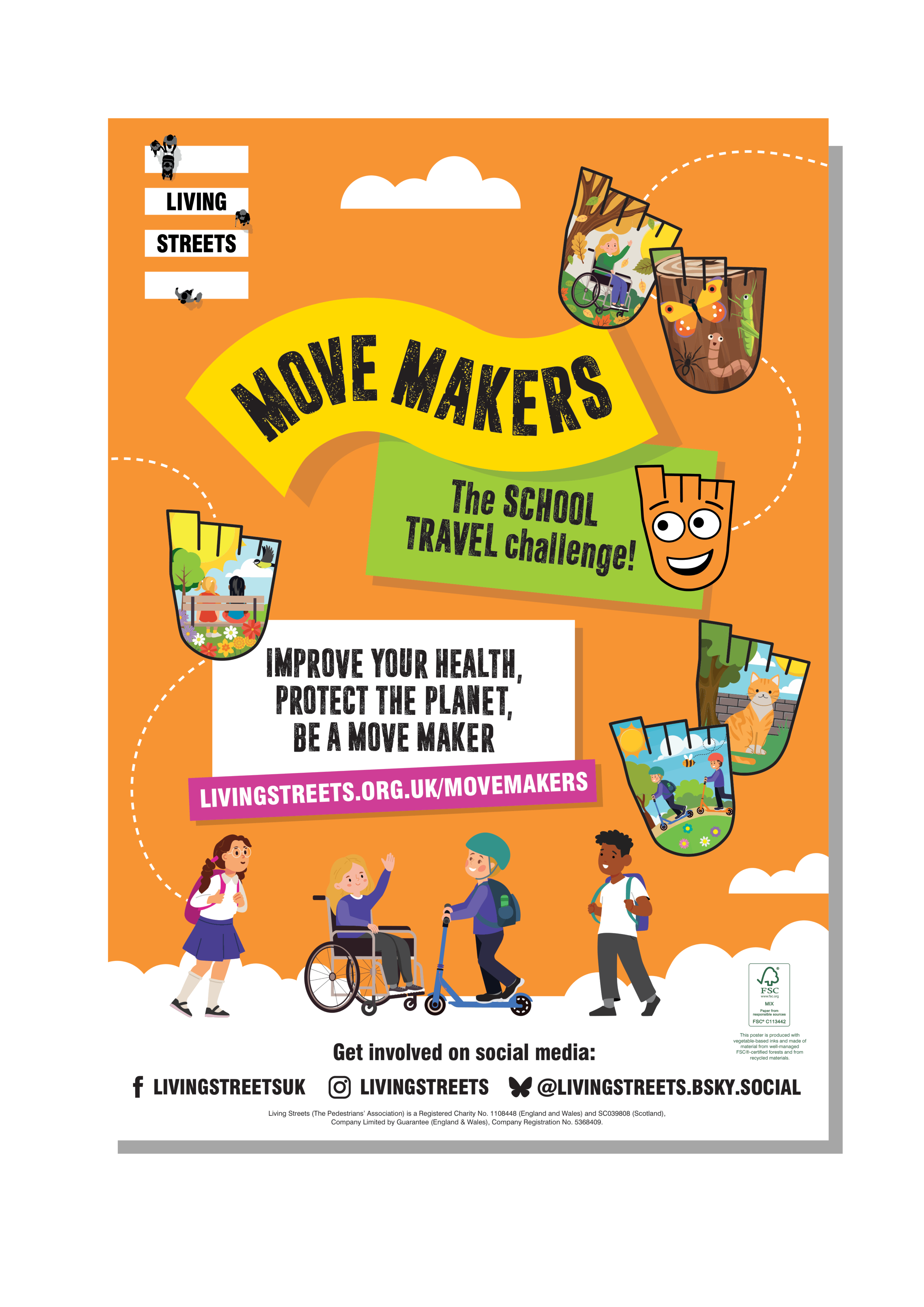 An orange poster with Living Streets badges, children playing and the Strider logo. The heading reads: Move Makers, the School Travel Challenge!