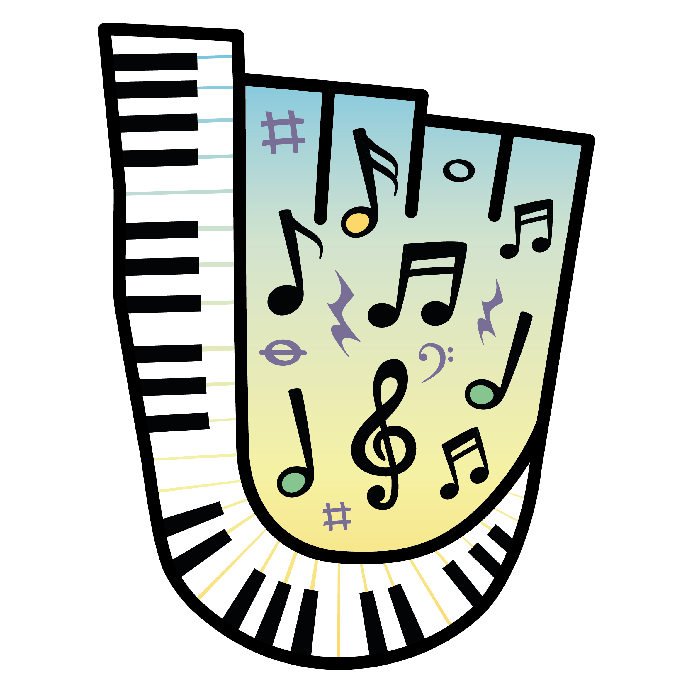 A WOW Badge with a music logo, including piano keys and music notes.