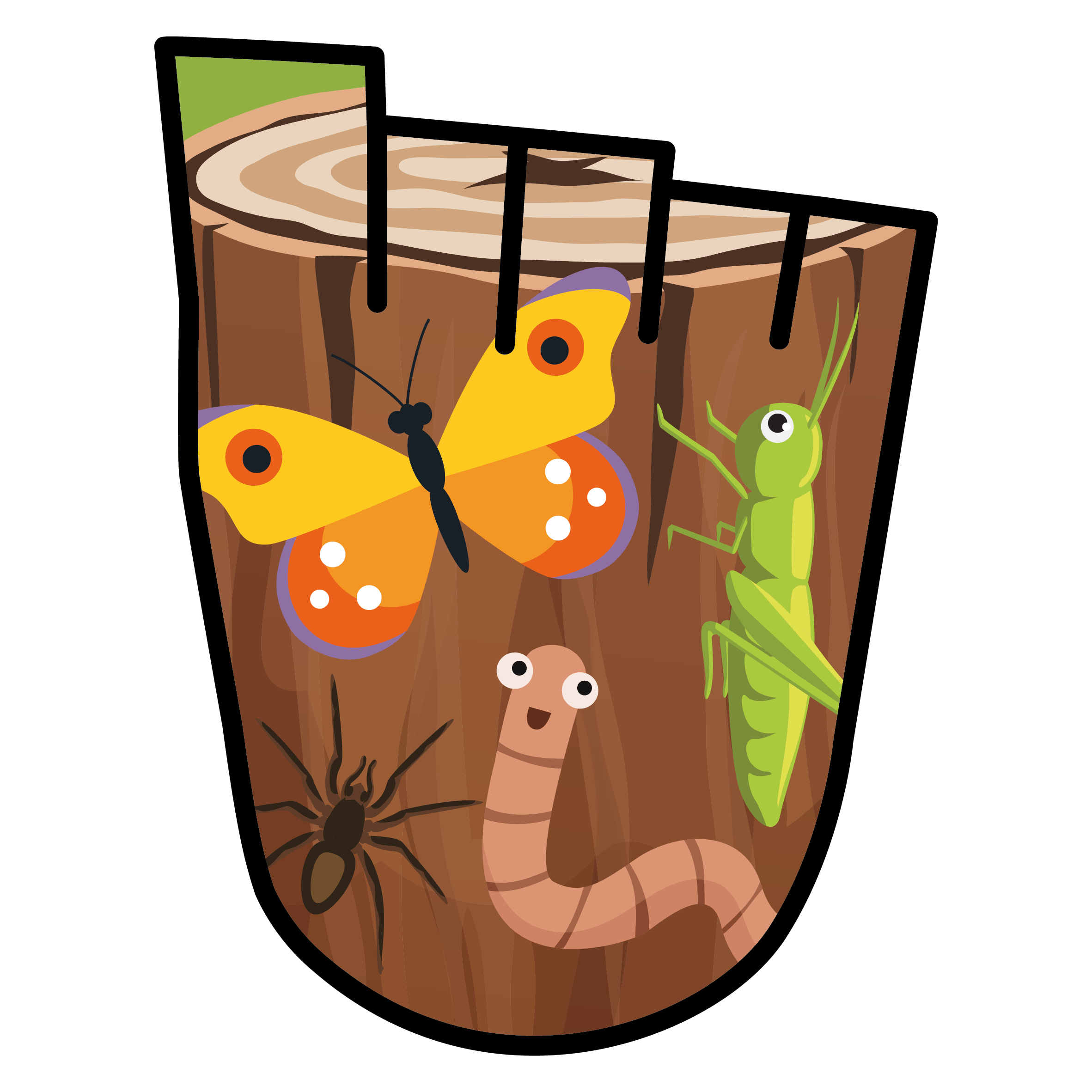 WOW Badge featuring insects including a worm, mantis, butterfly and spider on a log