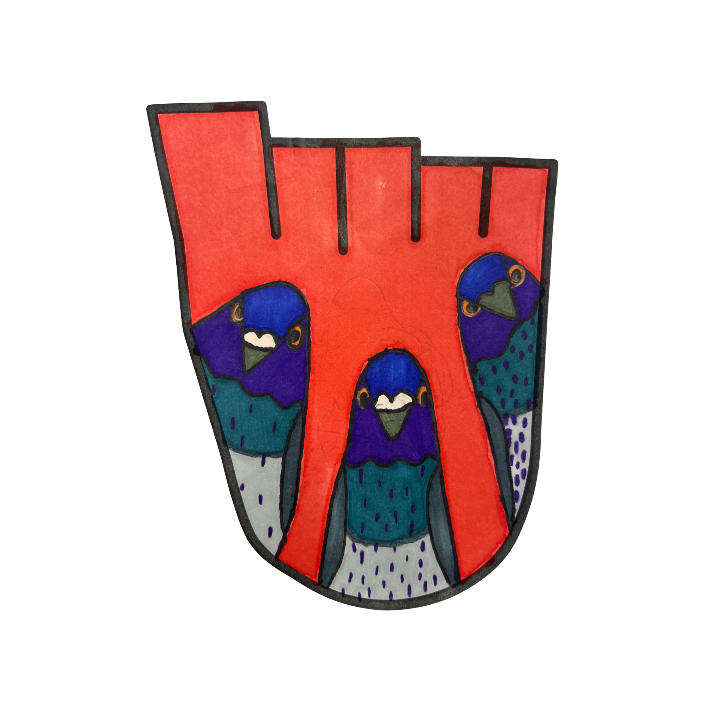 WOW badge design featuring three pigeons on a red background