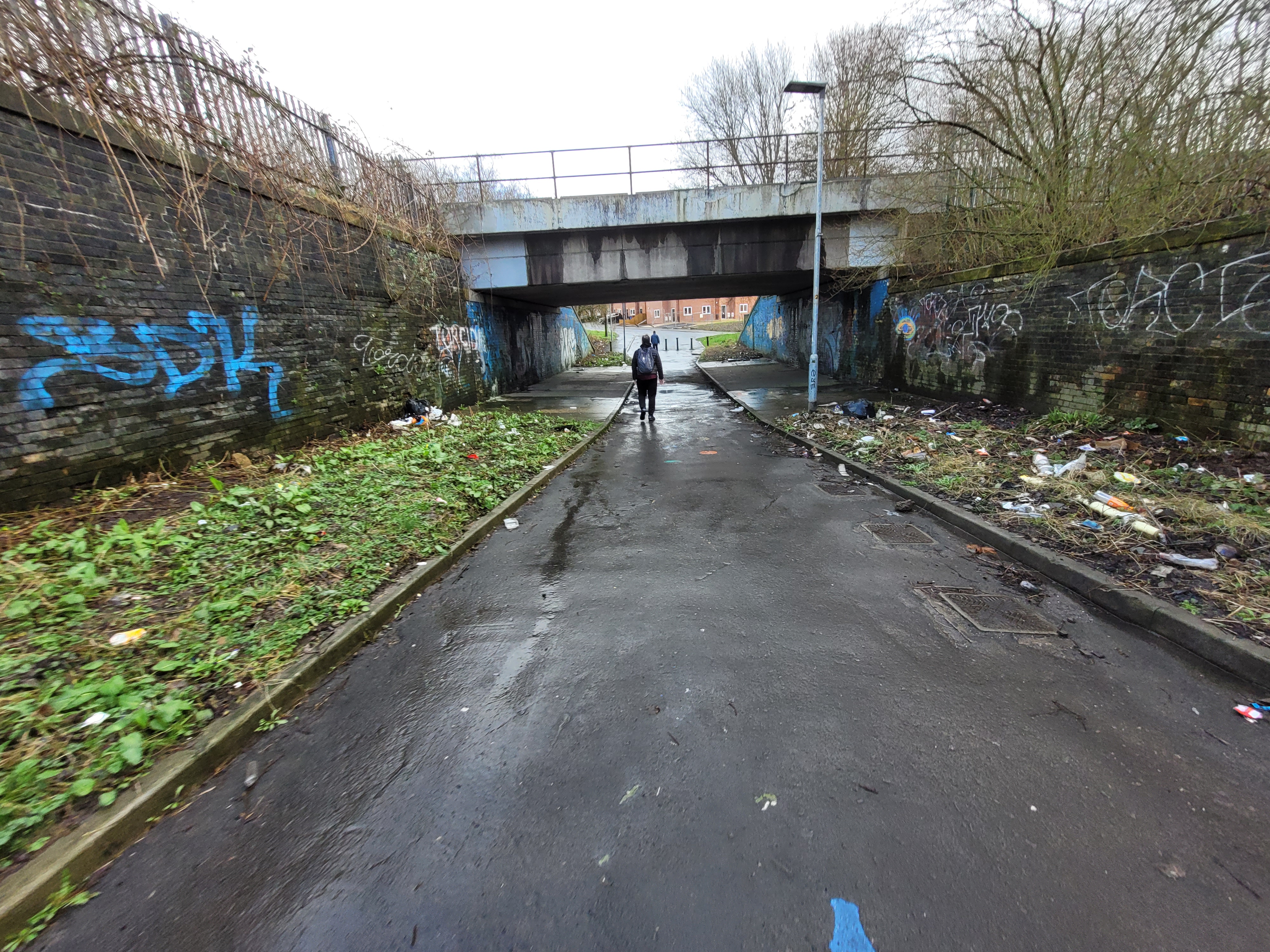 an image of a person walking under a graffiti lined passage, there is litter on both sides of the road