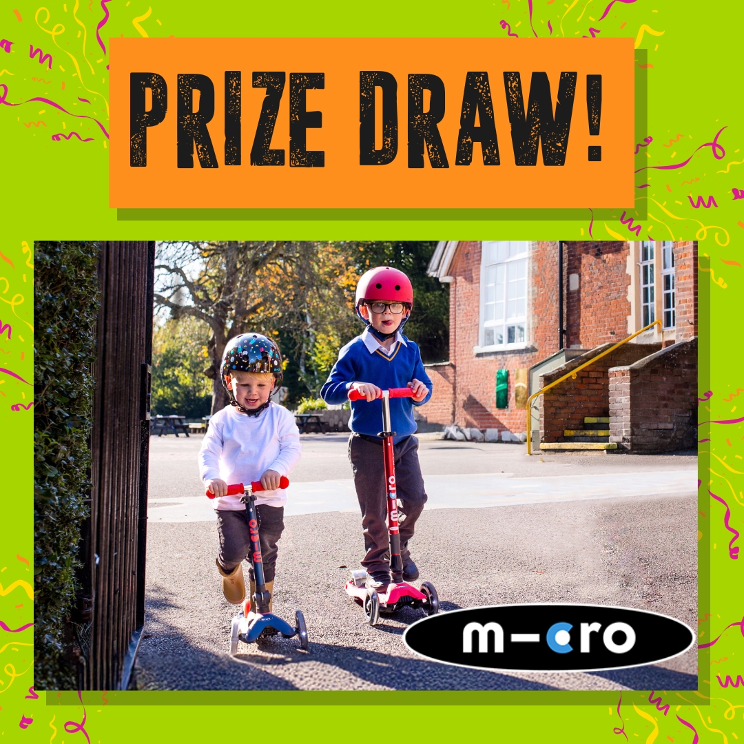 Micro Scooter prize draw graphic shows two children scooting