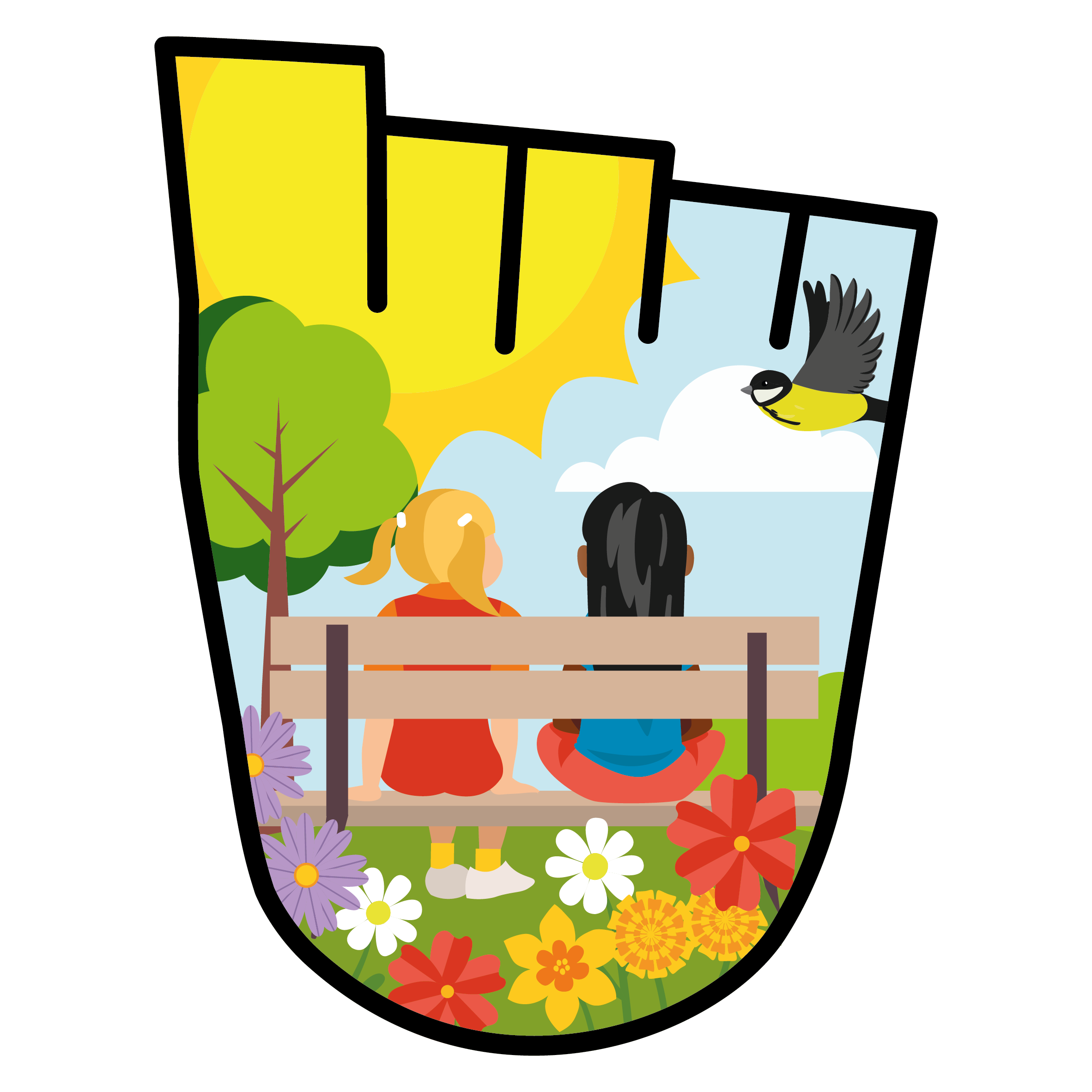 WOW Badge featuring two girls sitting next to each other on a bench in a park with flowers, a tree and a big yellow sun