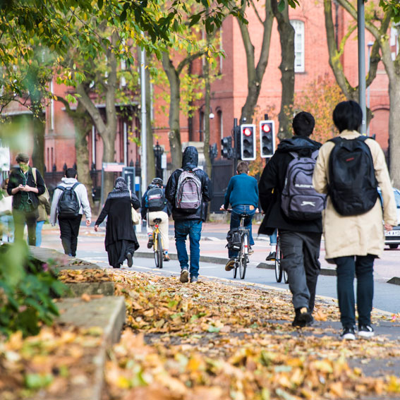 a group of people walk in a leafy street