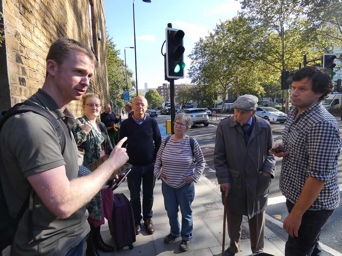 A group of people at a crossing