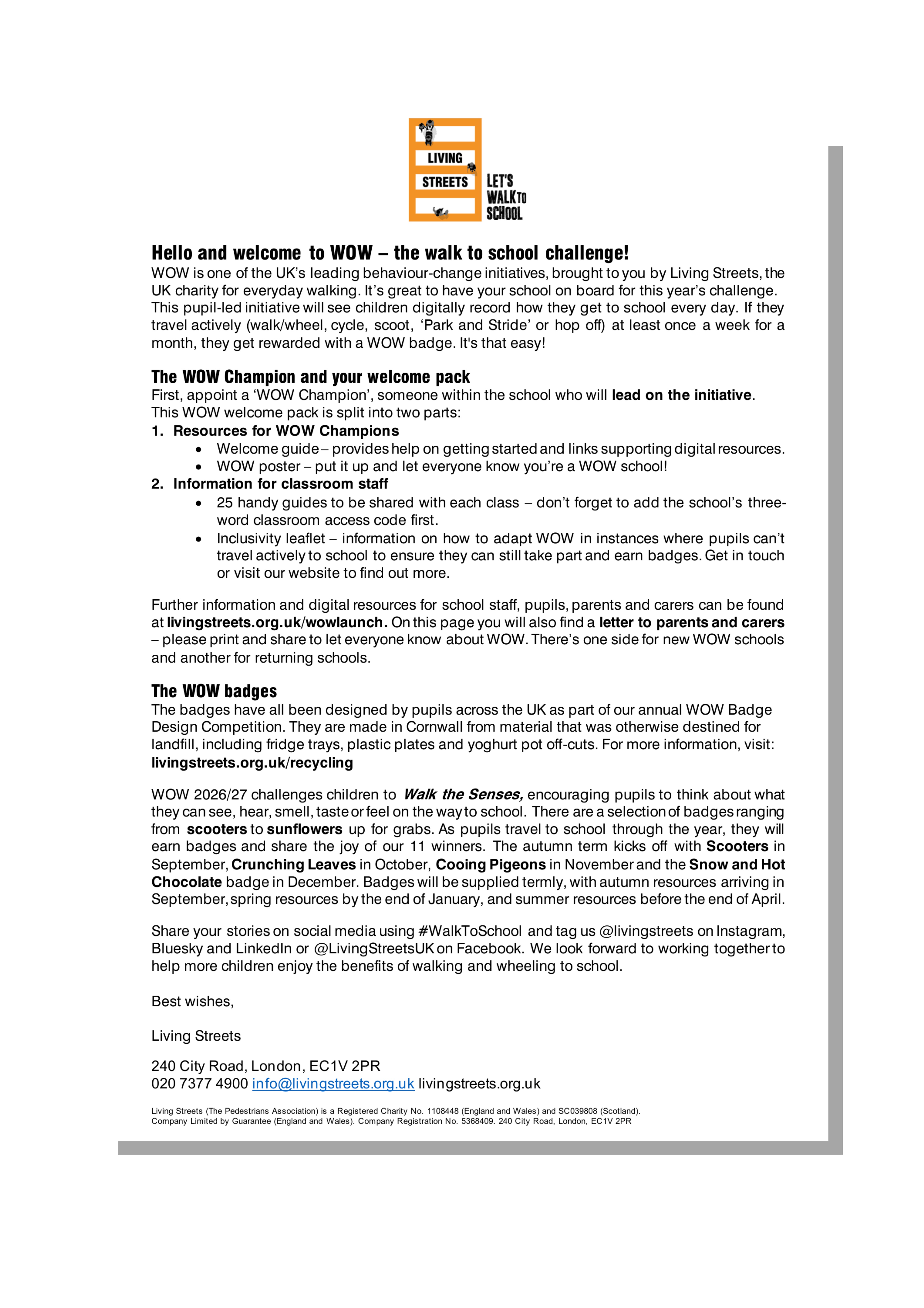 A letter for teachers explaining how WOW works in the school.