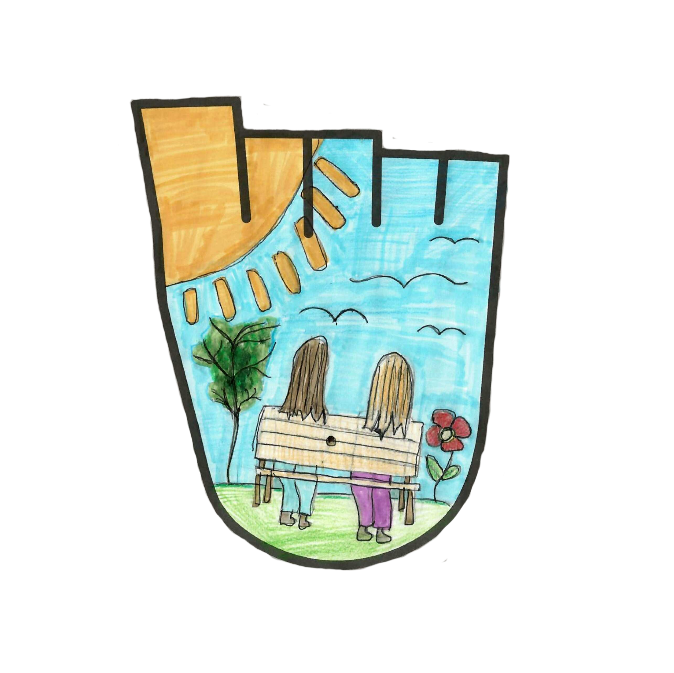 WOW badge design featuring two friends sat on a bench in the park with the sun shining down