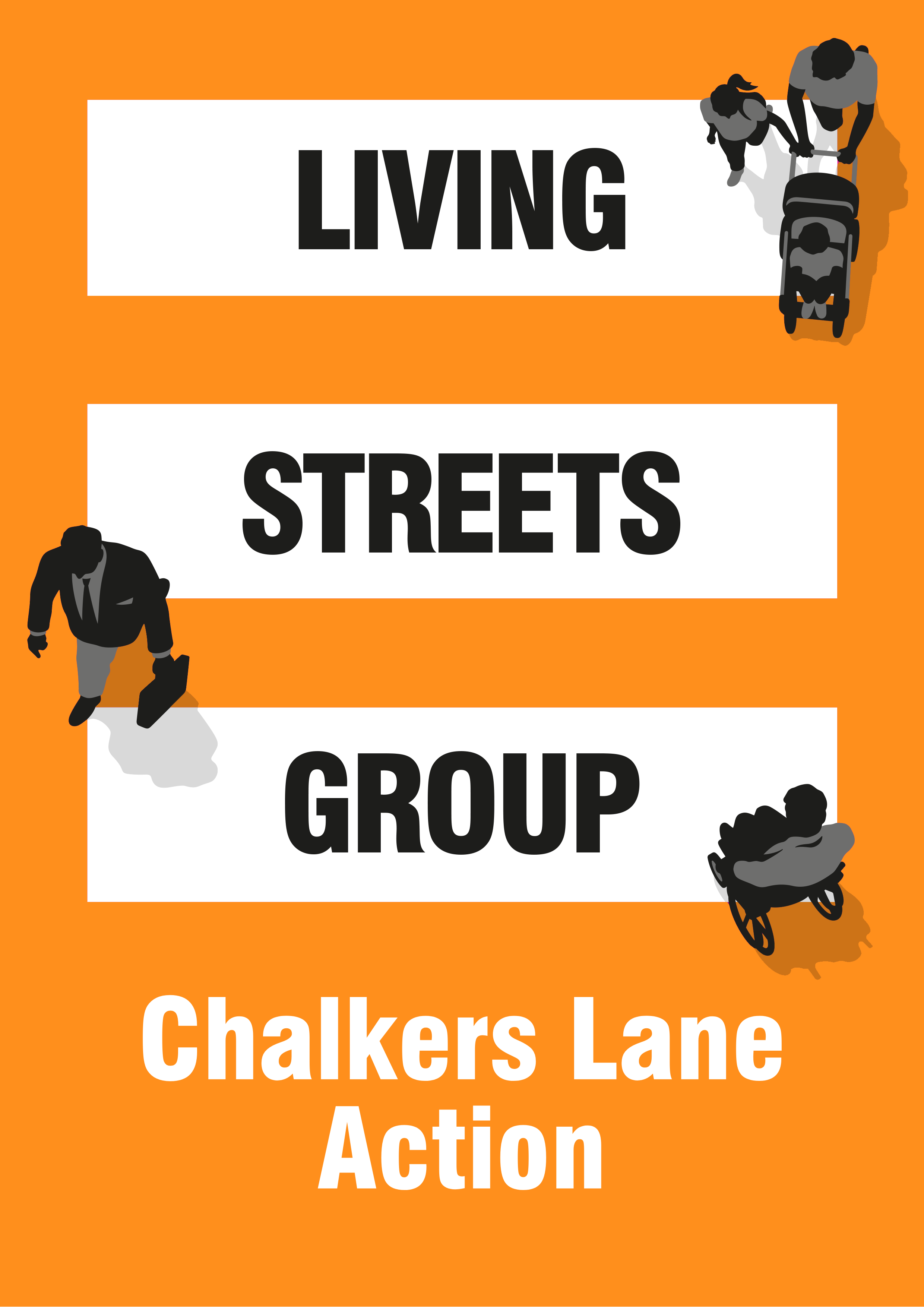 Image: Chalkers Lane Local Group logo in portrait, with orange background and text in white box with black writing, with graphics showing people walking and wheeling