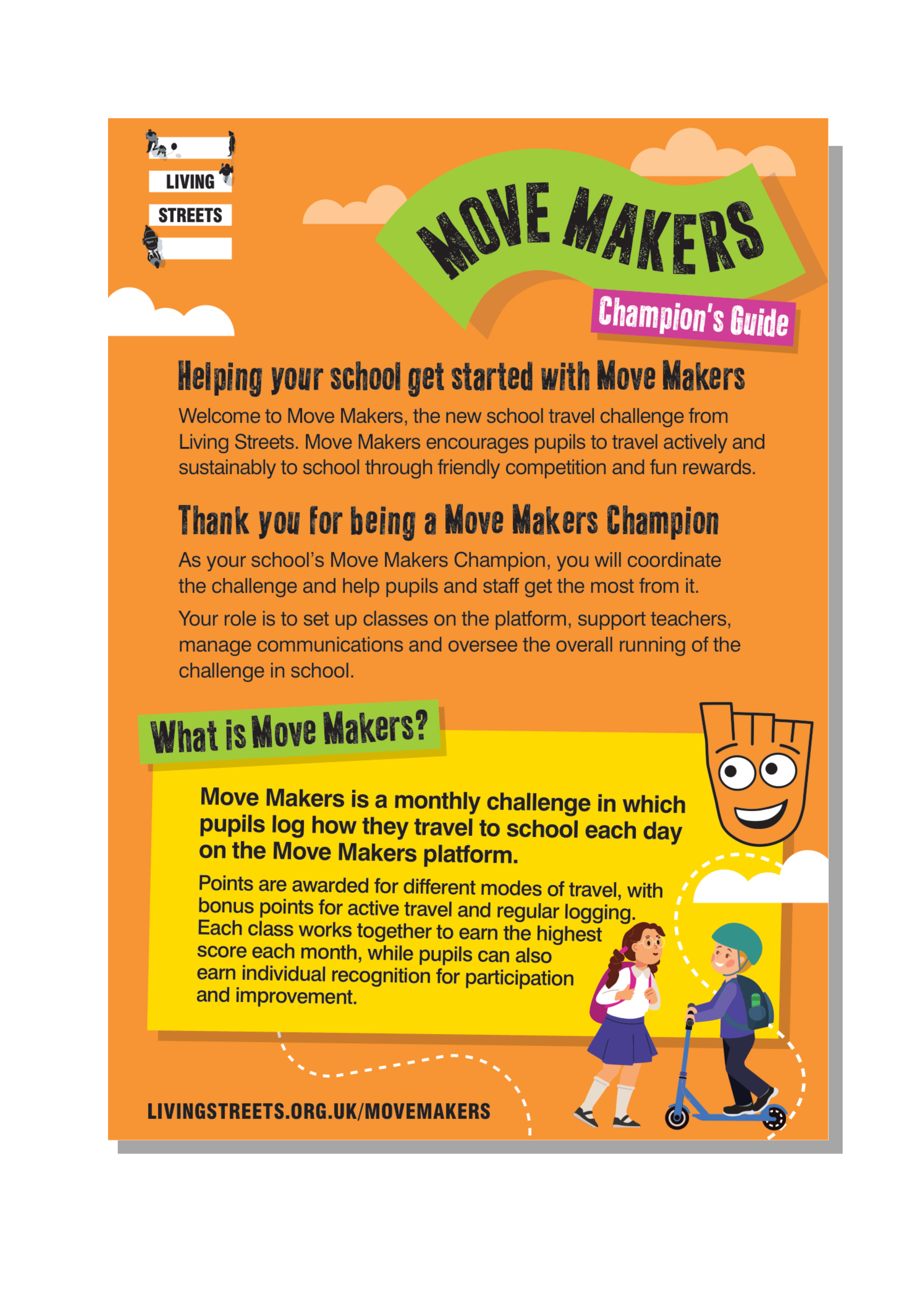 An orange poster with a Strider logo and two children playing. The heading reads: Move Makers Champions Guide.