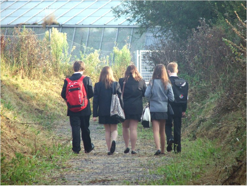 a group of school pupils walking through a park