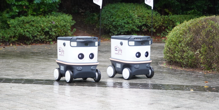 Two delivery robots operating on a street
