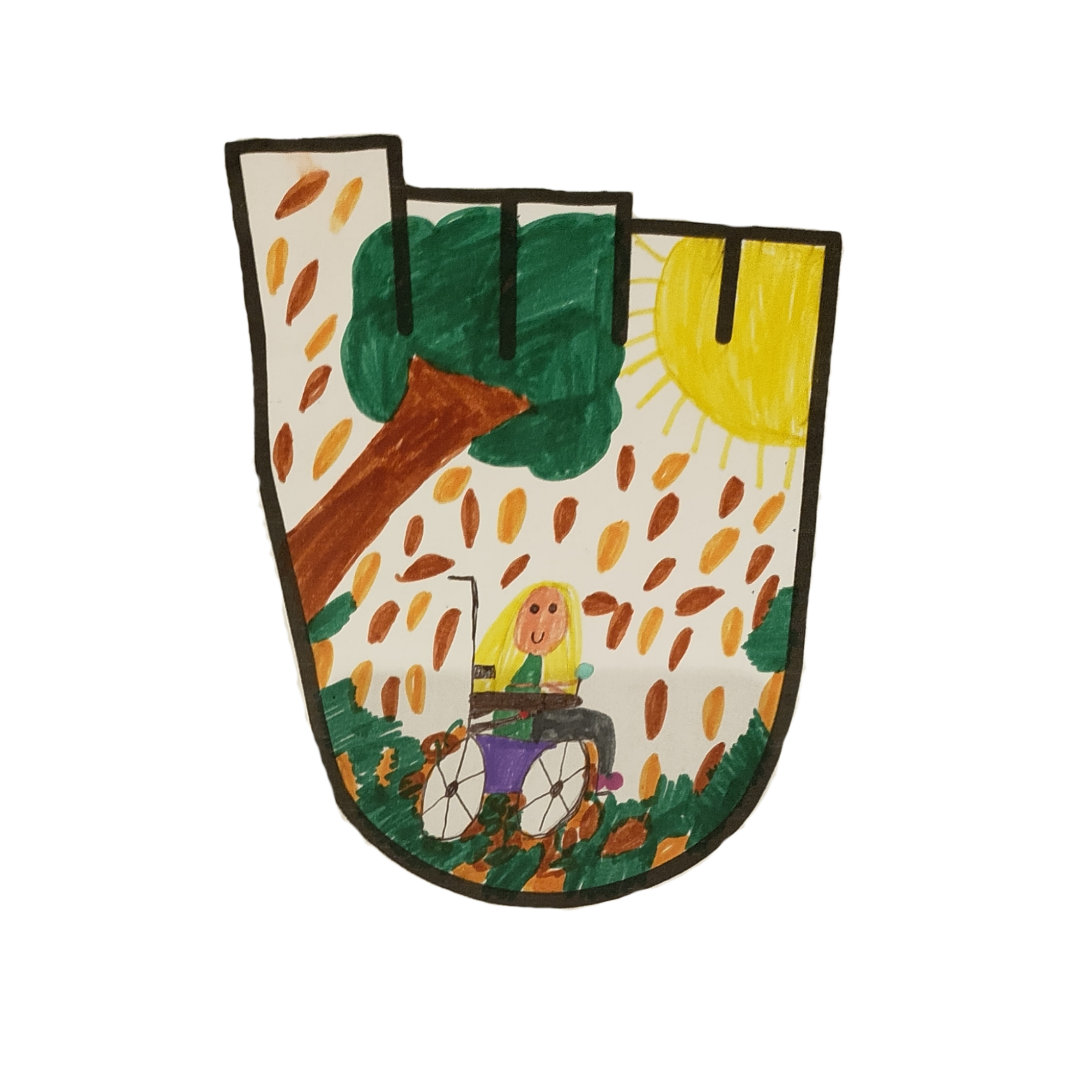 WOW badge design featuring a blonde haired girl in a wheelchair crunching leaves