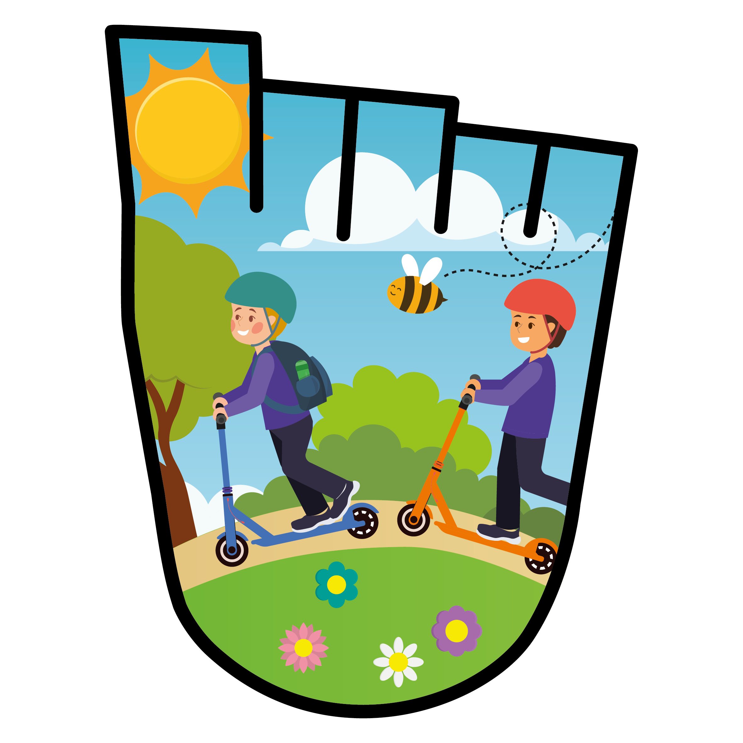 WOW Badge featuring two children scooting along a park path on a sunny day