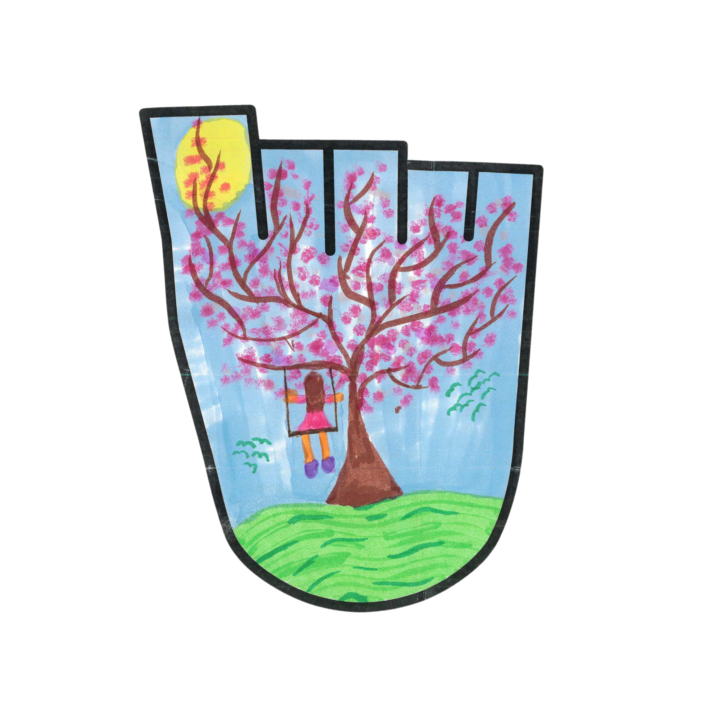WOW badge design featuring a girl on a swing attached to a pink blossom tree