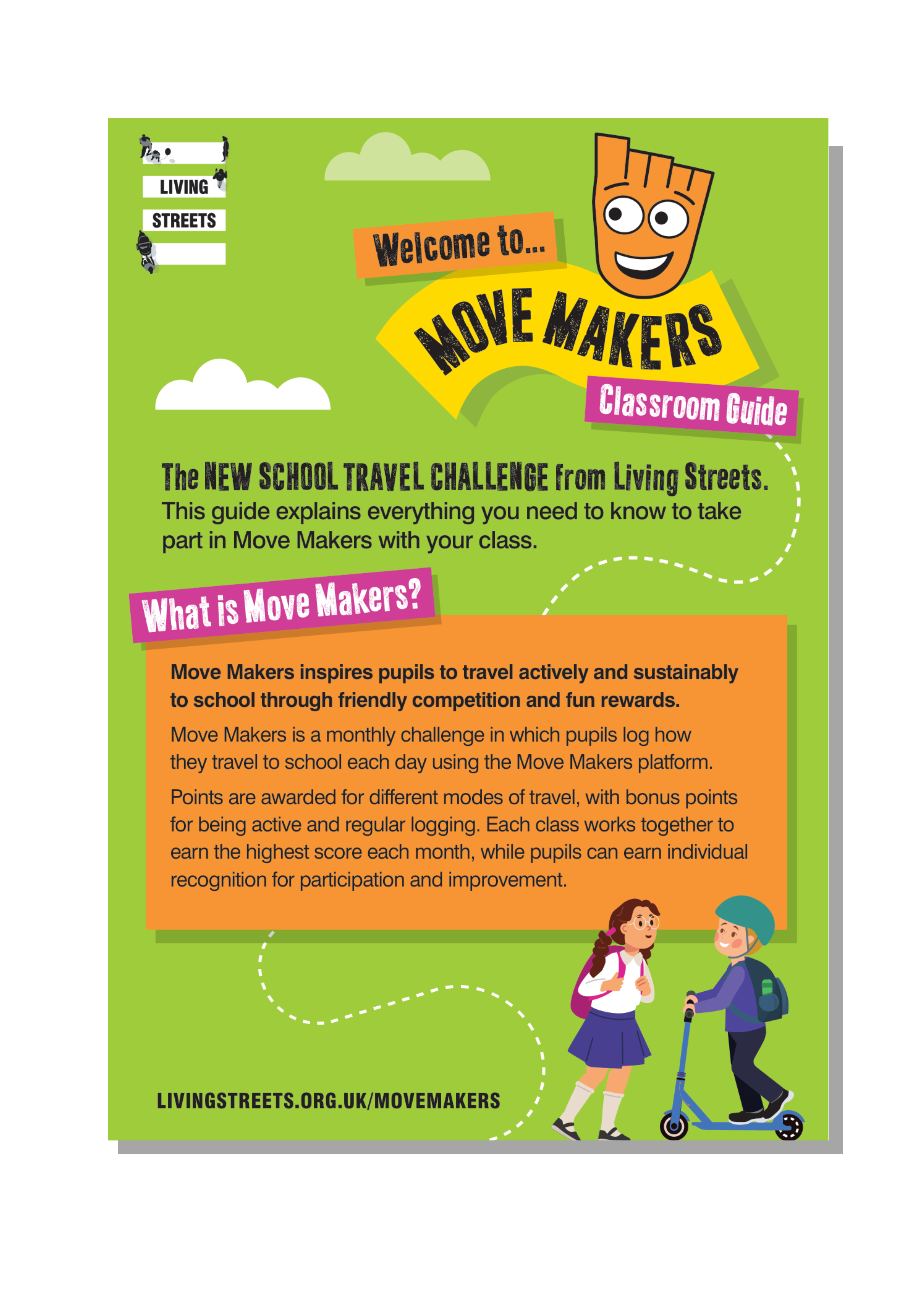 A green poster with the Strider logo and two children. The heading reads: Welcome to Move Makers Classroom Guide. Text below is in an orange box and describes what Move Makers is.