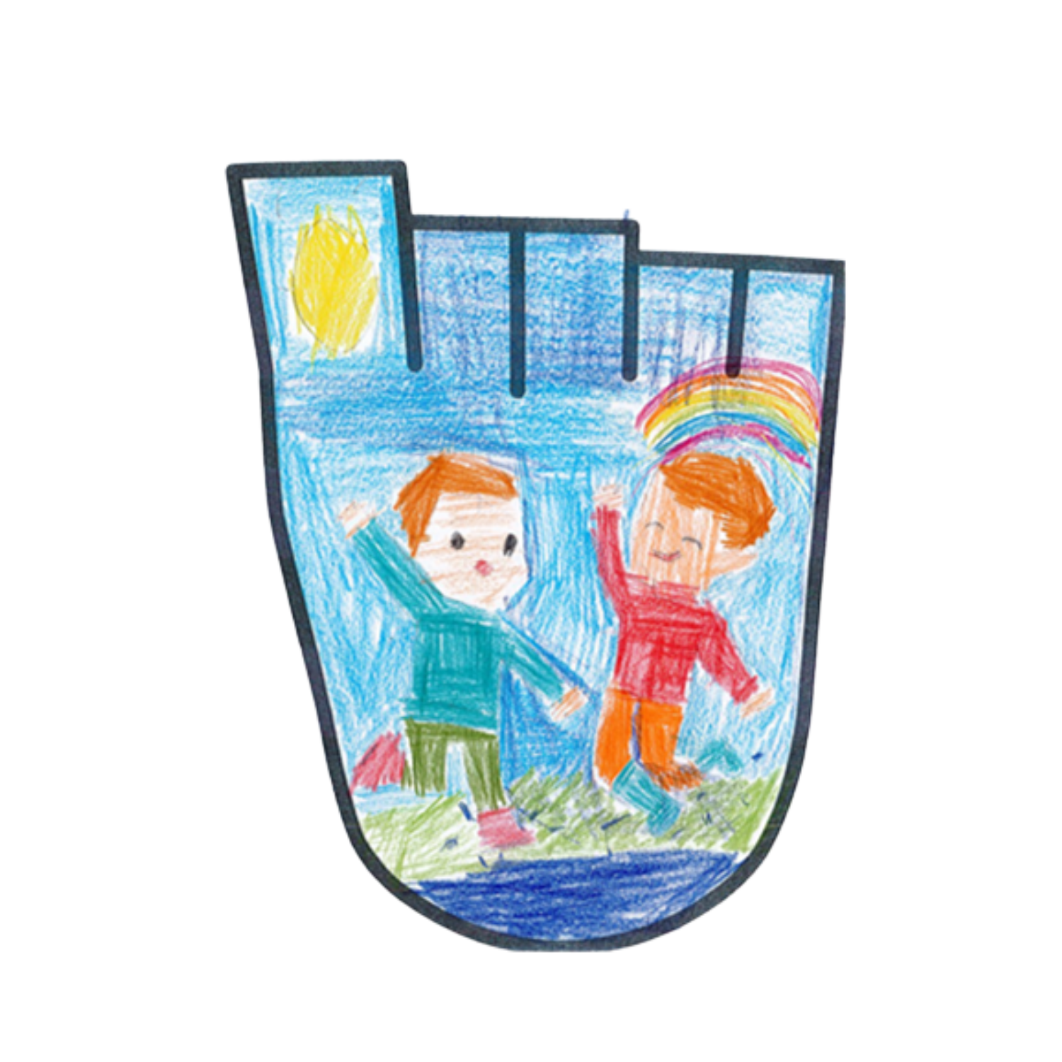 A child's drawing of two children jumping in puddles